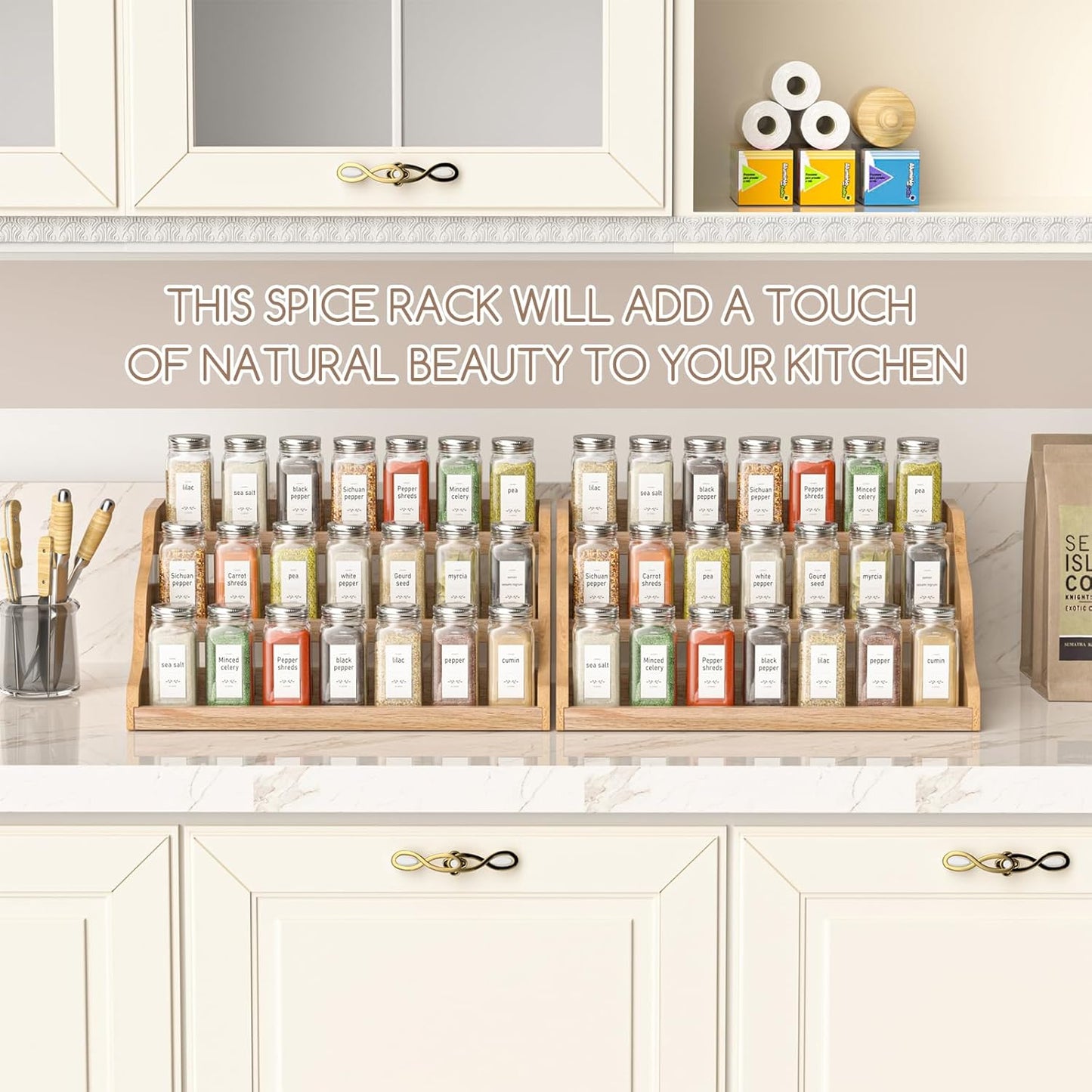 Tiered Spice Rack Organizer for Cabinet, Wooden Spice Rack for Countertop, Spice Shelf organizer Spice Organization for Cabinet