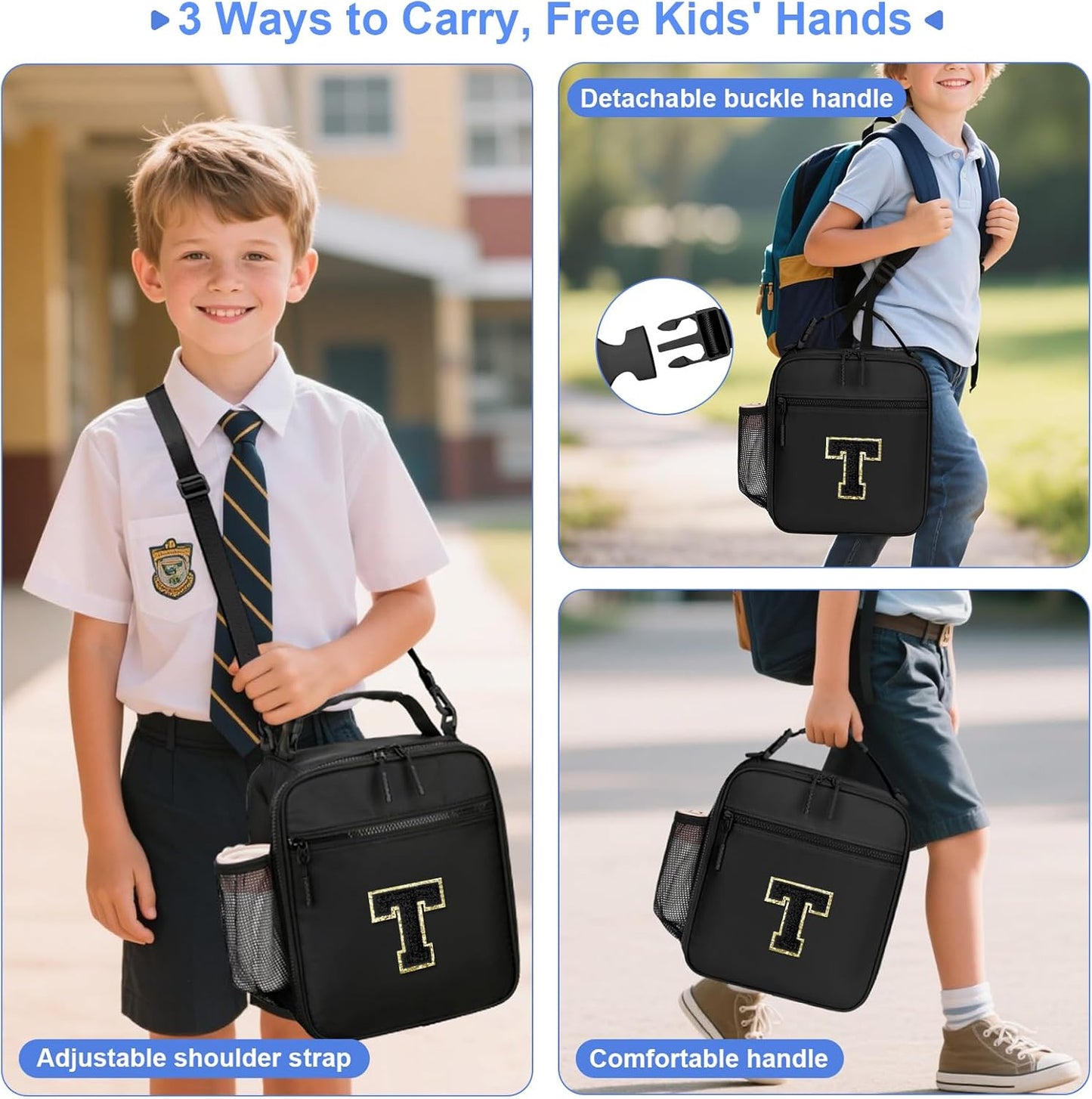 Initial Insulated Lunch Bag for Boys Kids, Back to School Gift, Reusable Leak-proof Lunch Box with Adjustable Strap for School Daycare Travel Picnic（Black，T）