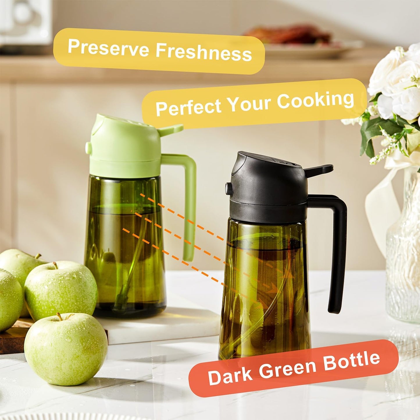 CXINYI - 16oz/470ml Olive Oil Dispenser for Kitchen with Stickers - 2 in 1 Olive Oil Sprayer for Cooking, Air Fryer, and Salad, Black (Light-Proof Kitchen Gadget)