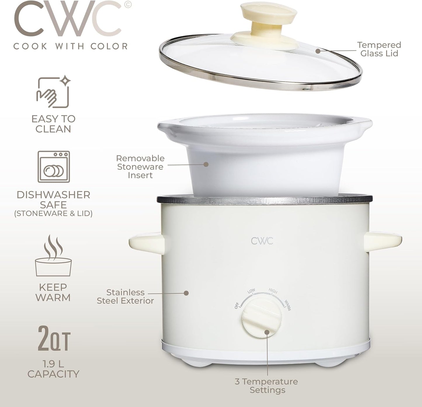 COOK WITH COLOR 2QT Mini Electric Round Slow Cooker - Adjustable Settings, Removable Stoneware Pot, Tempered Glass Lid, Dishwasher Safe, Cool-Touch Side Handles, Cream