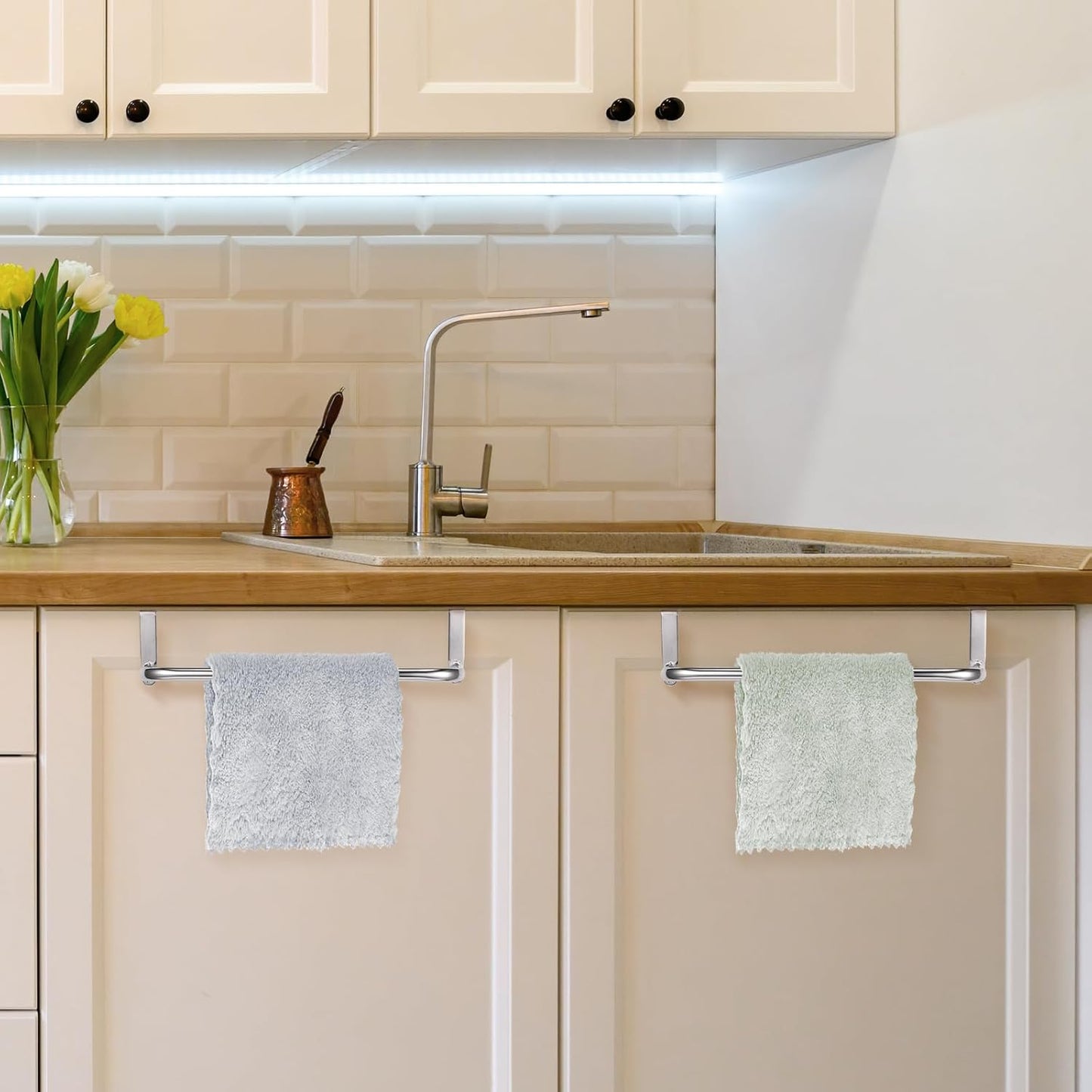 2 Pieces Metal Towel Bar Kitchen Cabinet Steel Towel Rack Bar for Hanging on Inside or Outside of Doors, Home Kitchen Bathroom(Silver)