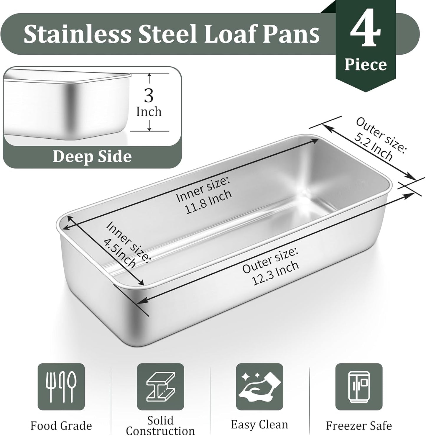 TeamFar Loaf Pan, 12 x 5 Inch Stainless Steel Loaf Pans for Baking Bread, 4 Pack Large Bread Loaf Baking Pan for Homemade Bread, Meatloaf, Cake, Brownies, Non-Toxic, Heavy-duty, Oven & Dishwasher Safe