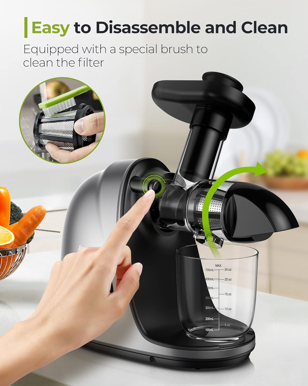 Jocuu Slow Masticating Juicer with 2-Speed Modes - Cold Press Juicer Machine - Quiet Motor & Reverse Function - Easy to Clean Juicer Extractor - Juice Recipes for Fruits & Vegetables (Black)