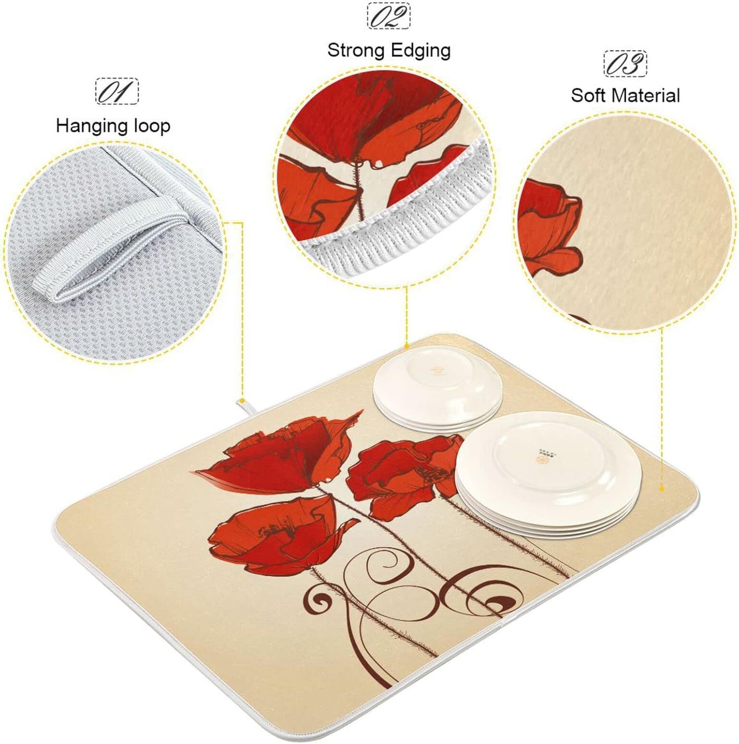 senya Super Absorbent Dish Drying Mat, Microfiber Fast-Drying Dish Mat, 16'' x 18'', Kitchen Dish Drying Pad, Red Poppy Flowers Retro, (g289343169p523c558s1113)