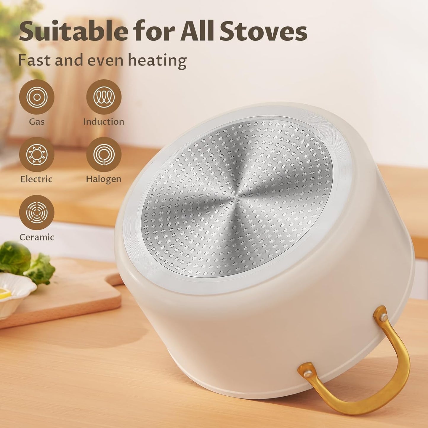 BEZIA 8 Quart Ceramic Stock Pot, Non Toxic Soup Pots with Lid, Non Stick Pot with Stainless Steel Handle, Compatible With Most Cooktops, Even Heat Distribution, Perfect for Soups & Stews, Cream