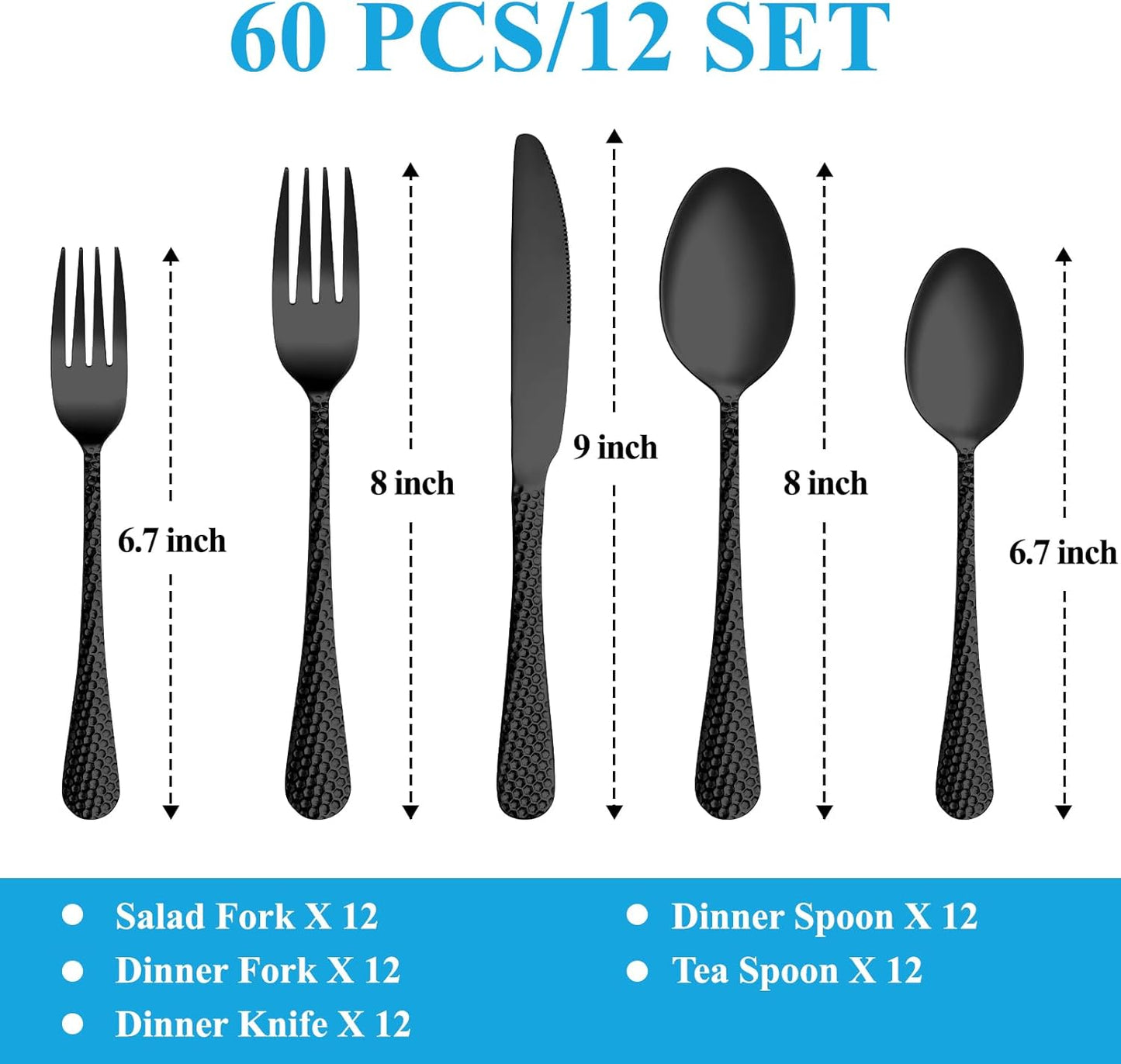 60 Pcs Black Hammered Silverware Set Service for 12,Stainless Steel Flatware Set,Mirror Polished Cutlery Utensil Set,Durable Kitchen Eating Tableware Set,Include Fork Knife Spoon Set,Dishwasher Safe