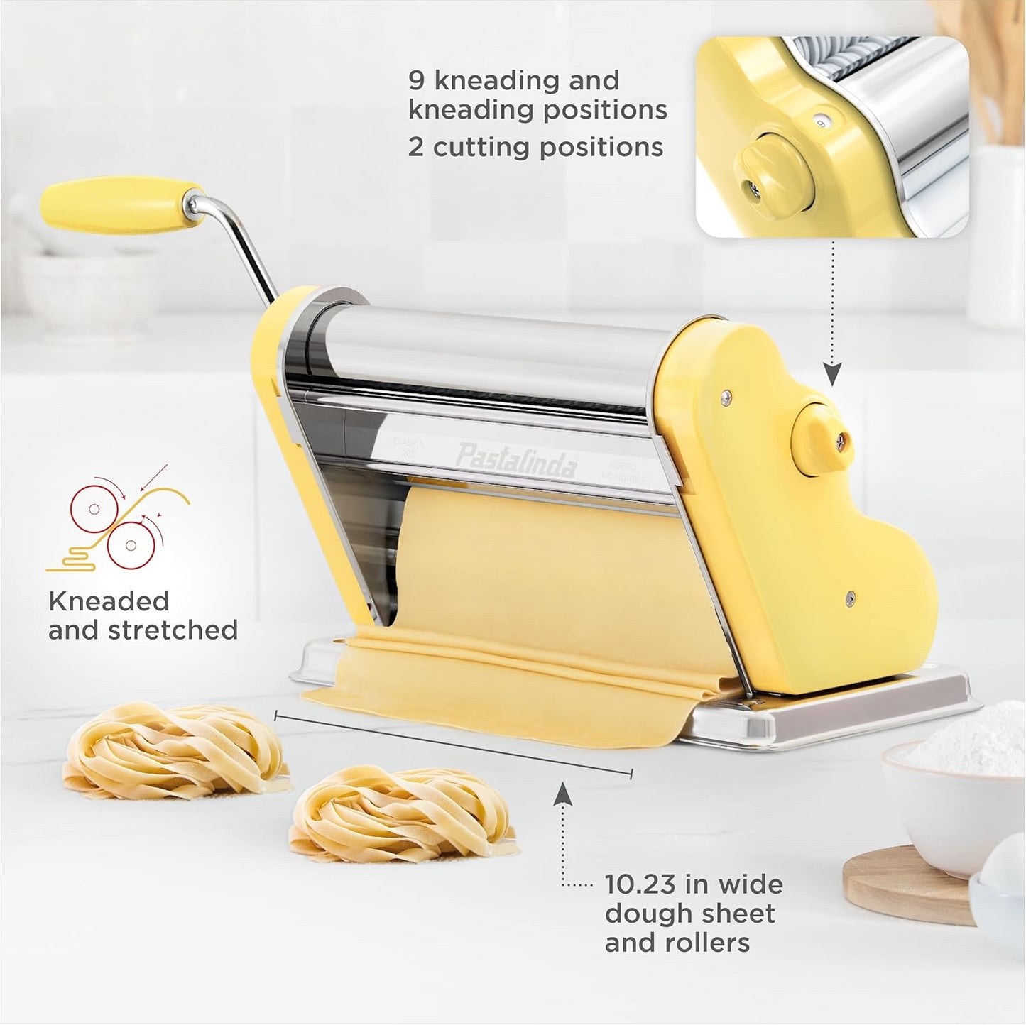 PASTALINDA Classic 260 Pasta Maker Machine, 26 cm Wide Rollers, 9 Thickness Positions, 2 Cutting Positions, Stainless Steel. Includes Reinforced Hand Crank And Two Clamps (Yellow)