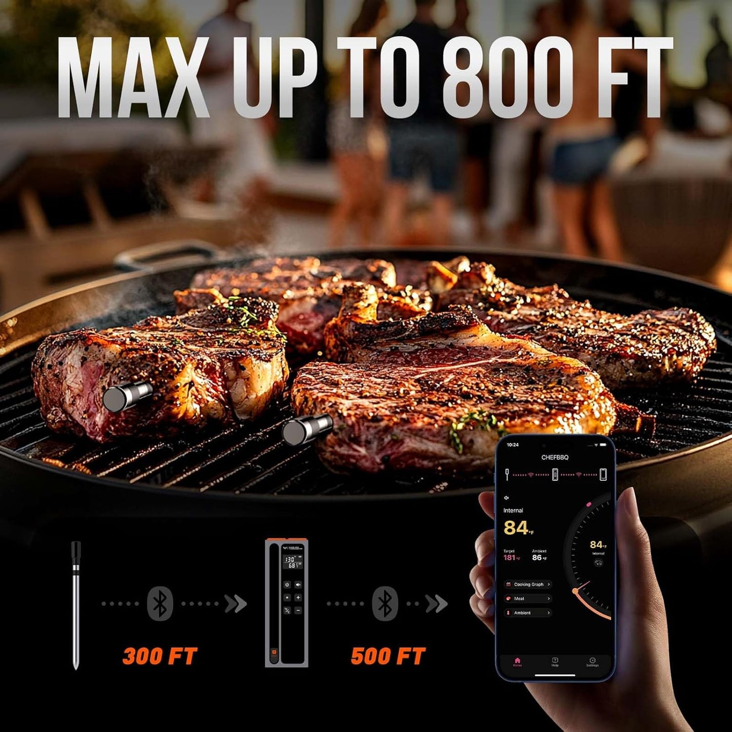 Meat Thermometer Digital Wireless, 800FT Long Range Bluetooth Cooking Thermometer, Food Thermometer for Remote Monitoring of Grill, Oven, Smoker, Air Fryer, Rotisserie, iOS & Android App