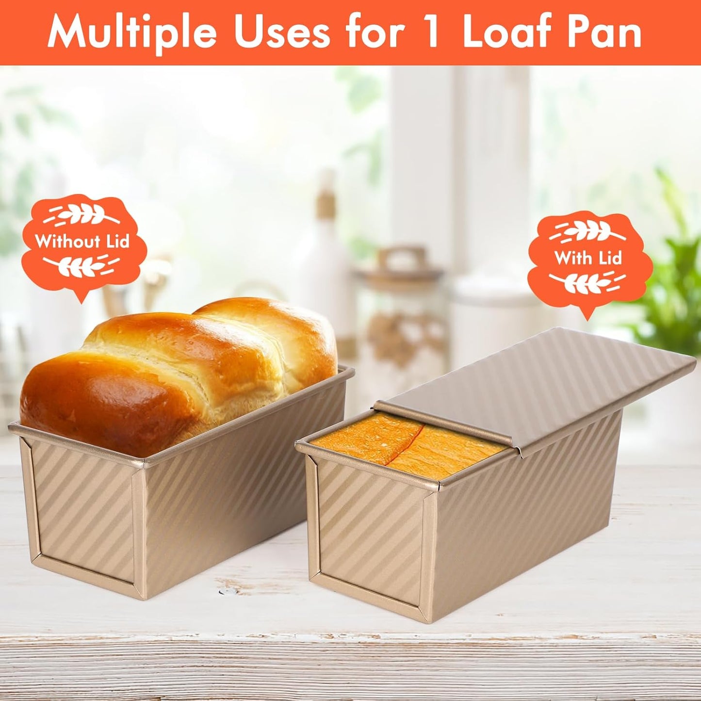Beasea Pullman Loaf Pan with Lid, 2 Pack 0.5 lb Small Non-Stick Bread Loaf Pans Carbon Steel Mini Bread Toast Box for Homemade Bread Toast Oven Baking - Gold