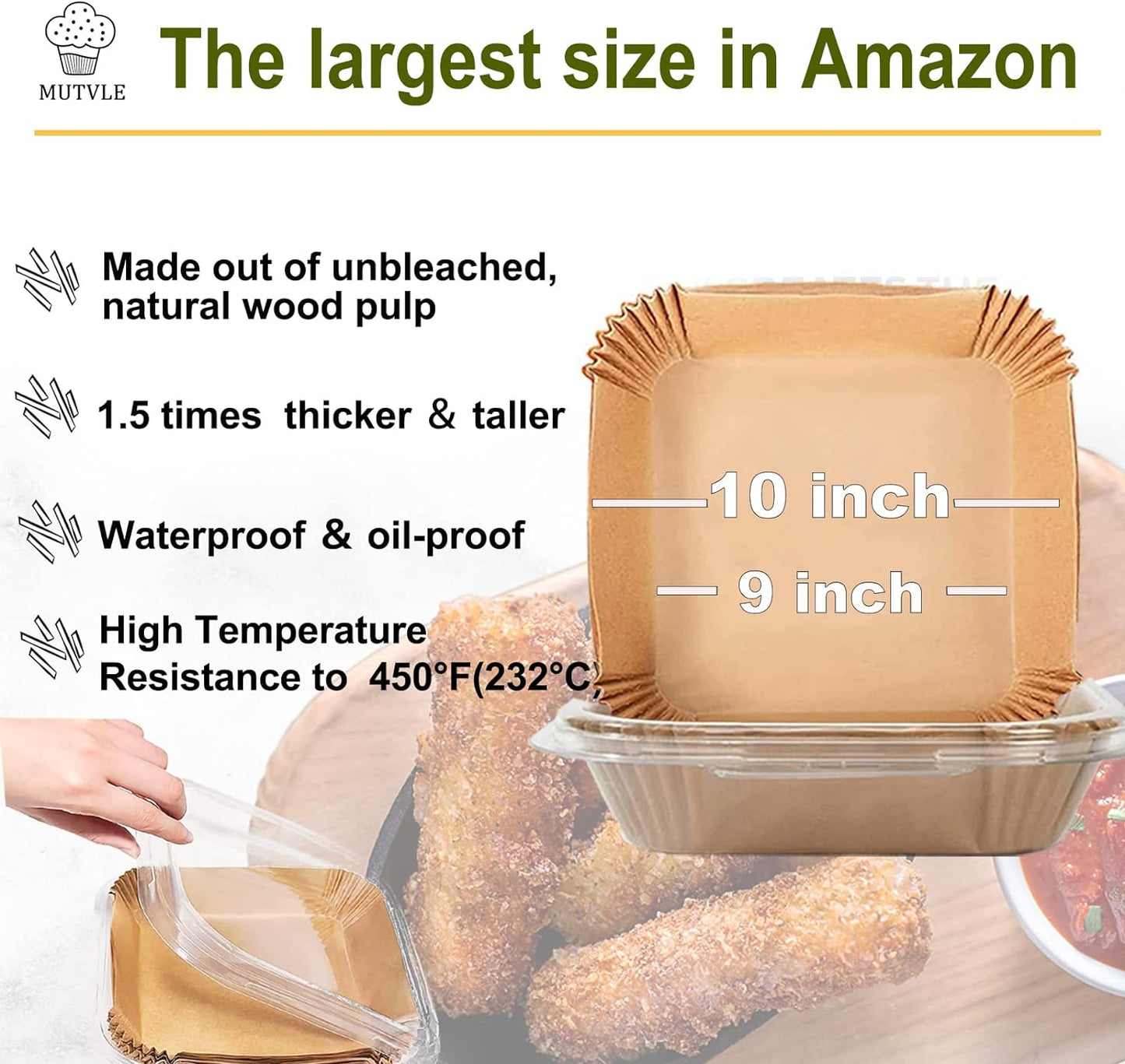 10 Inch Largest Square Air Fryer Disposable Paper Liner, XXL 100Pcs Air Fryer Parchment Liners for 8QT or Bigger Air Fryer, Non-stick, Food Grade Baking Paper for Frying, Roasting and Microwave
