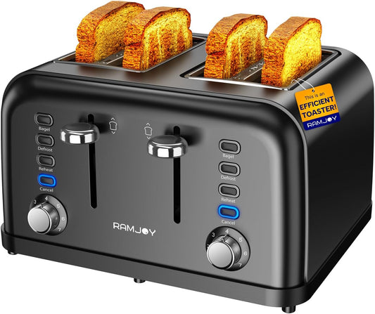 Black Toaster 4 Slice, Dual Independent Controls, Extra Wide Slot Toasters for Bagel, Bread, Waffles, 7 Shade Settings, 4 Main Functions, Removable Crumb Tray, 1500 Watts, Black Stainless Steel