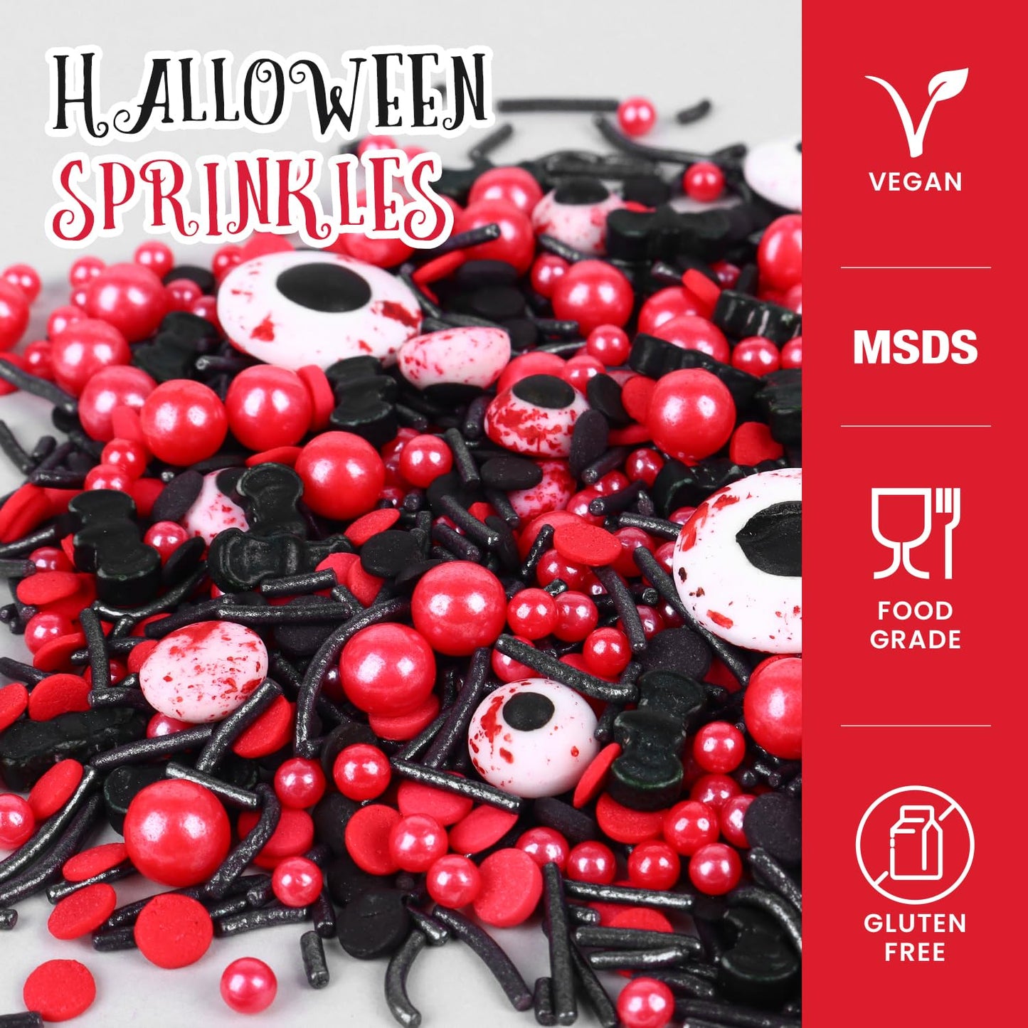 Halloween Sprinkles for Cake Decorating, Black & Red Pearl Sprinkles with Black Bats & Eyeball Candy, Perfect for Halloween Dessert Party 4.23 Ounce