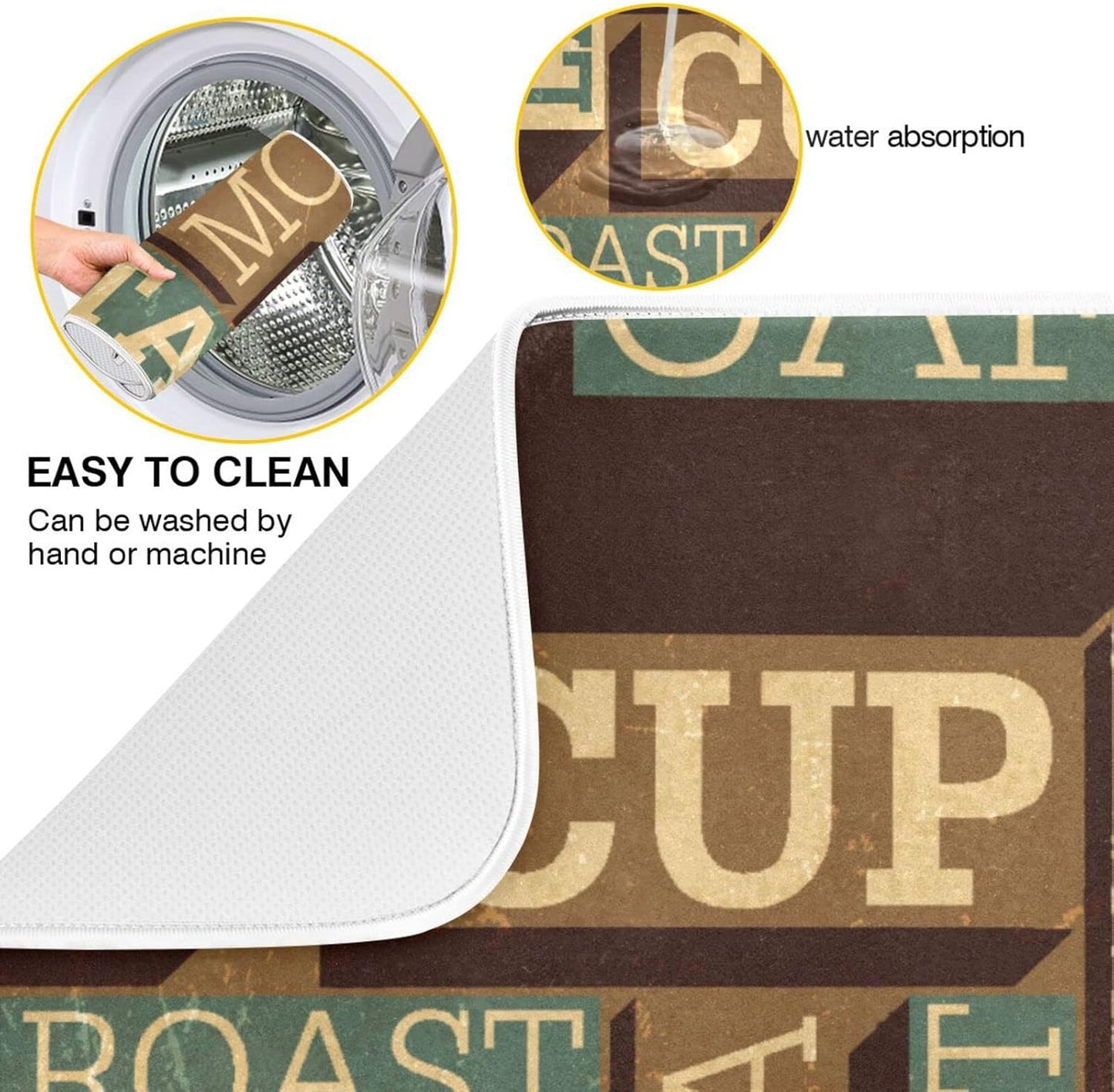 senya Super Absorbent Dish Drying Mat, Microfiber Fast-Drying 16'' x 18'', Kitchen Pad, Coffee Themed Seamless Retro