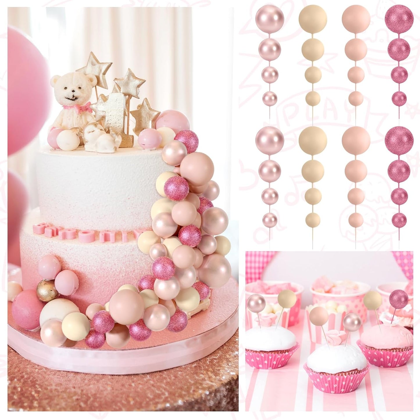 48 Pcs Balls Cake Topper Decorations Balloon Cupcake Toppers Foam Cake Topper Balls for Birthday Party Wedding Cake Deco(Glitter Pink, Rose Gold, Light Brown, Apricot)