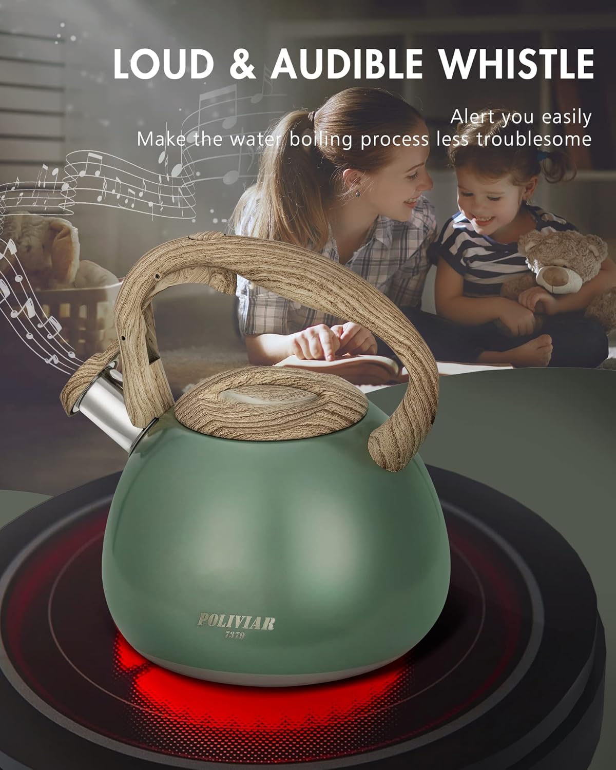 Poliviar Tea Kettle, 2.7 Quart Seaweed Green Finish with Wood Pattern Handle Loud Whistle Food Grade Stainless Steel Teapot, Anti-Hot Handle and Anti-Rust, Suitable for All Heat Sources (JX2020-SB30)