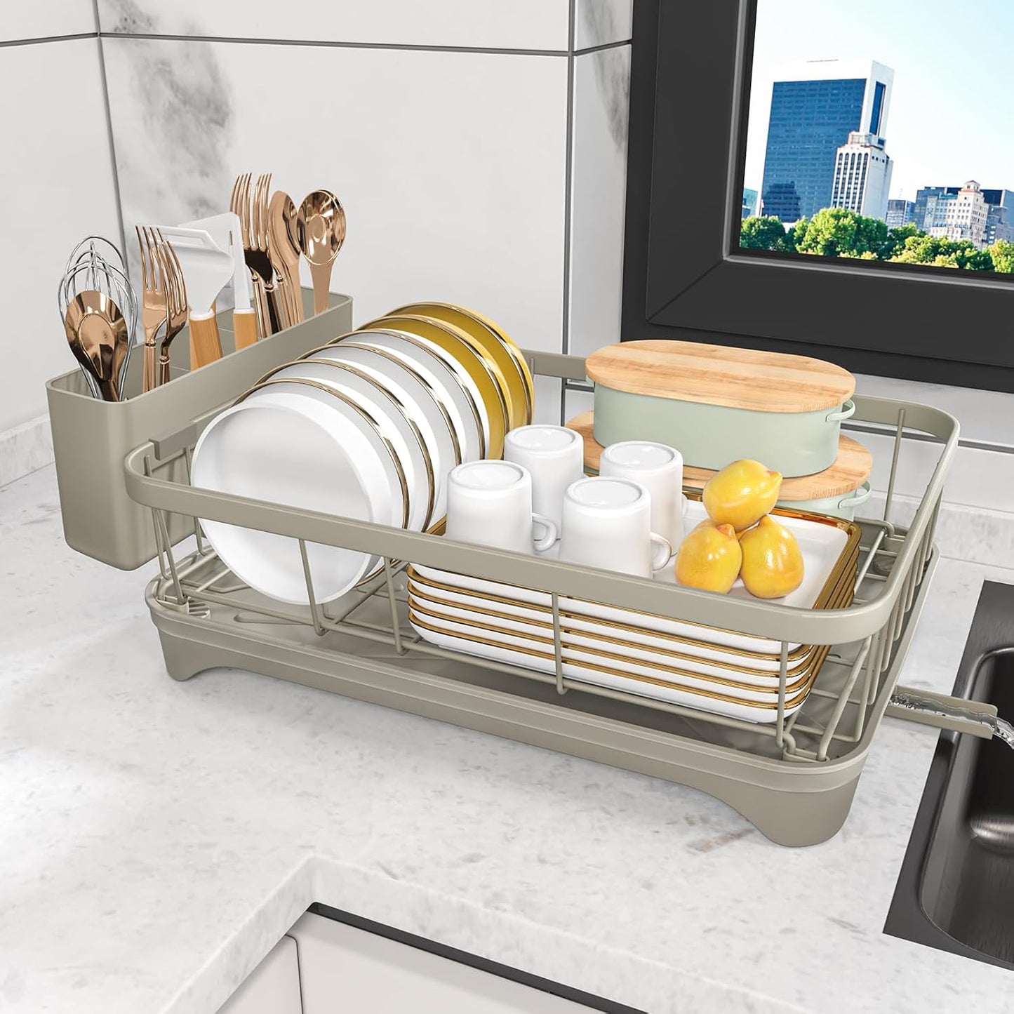 Kitchen Dish Drying Rack – Large Capacity Single Tier Dish Drainer with Drainboard & Utensil Holders, Kitchen Organizer for Dishes, Spoons and Forks, Grey