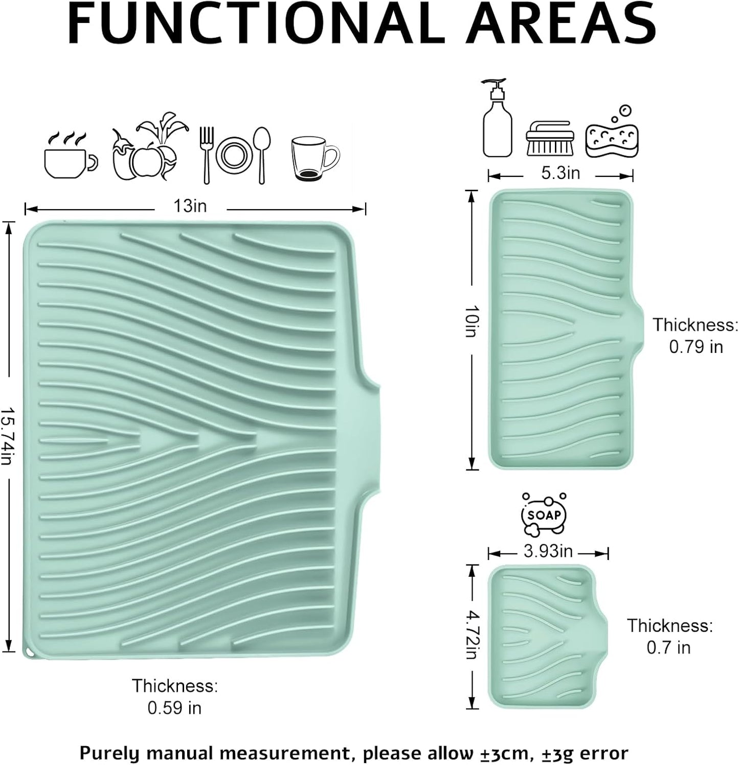 Silicone Dish Drying Mat for Kitchen Counter, Dish Drying Pad, Non-Slip Drain Pad with Built-in Drain, Heat Resistant Stone Drying Mat, 3 pcs (Mint)