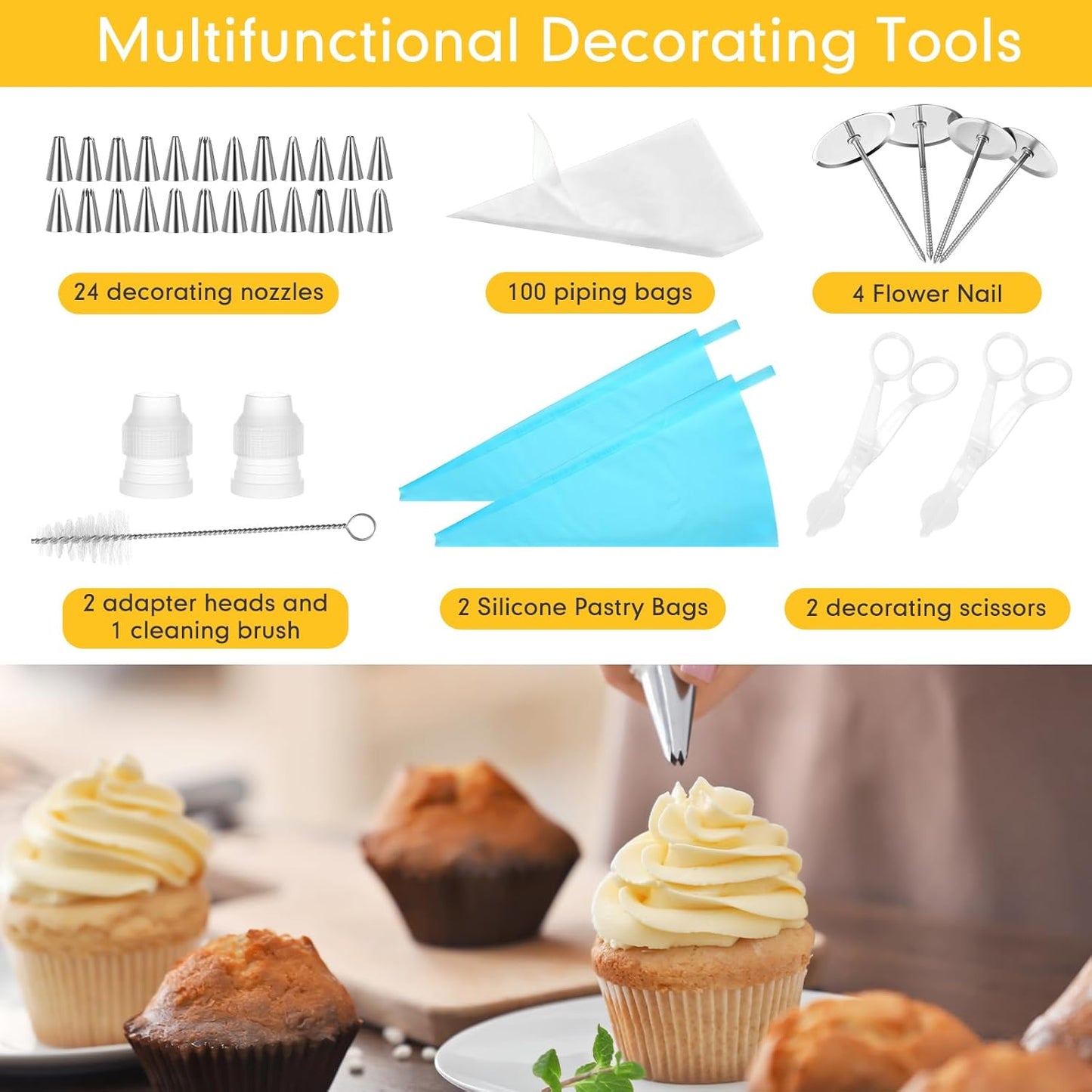 Nuogo 154 Pcs Aluminum Cake Decorating Tools Kit with 12 Inch Aluminum Cake Turntable, Cake Decorating Gun with 6 Heads, 34 Pcs Cake Decorating Set, 11 Cream Spatula Set, 100 Cream Piping Bag