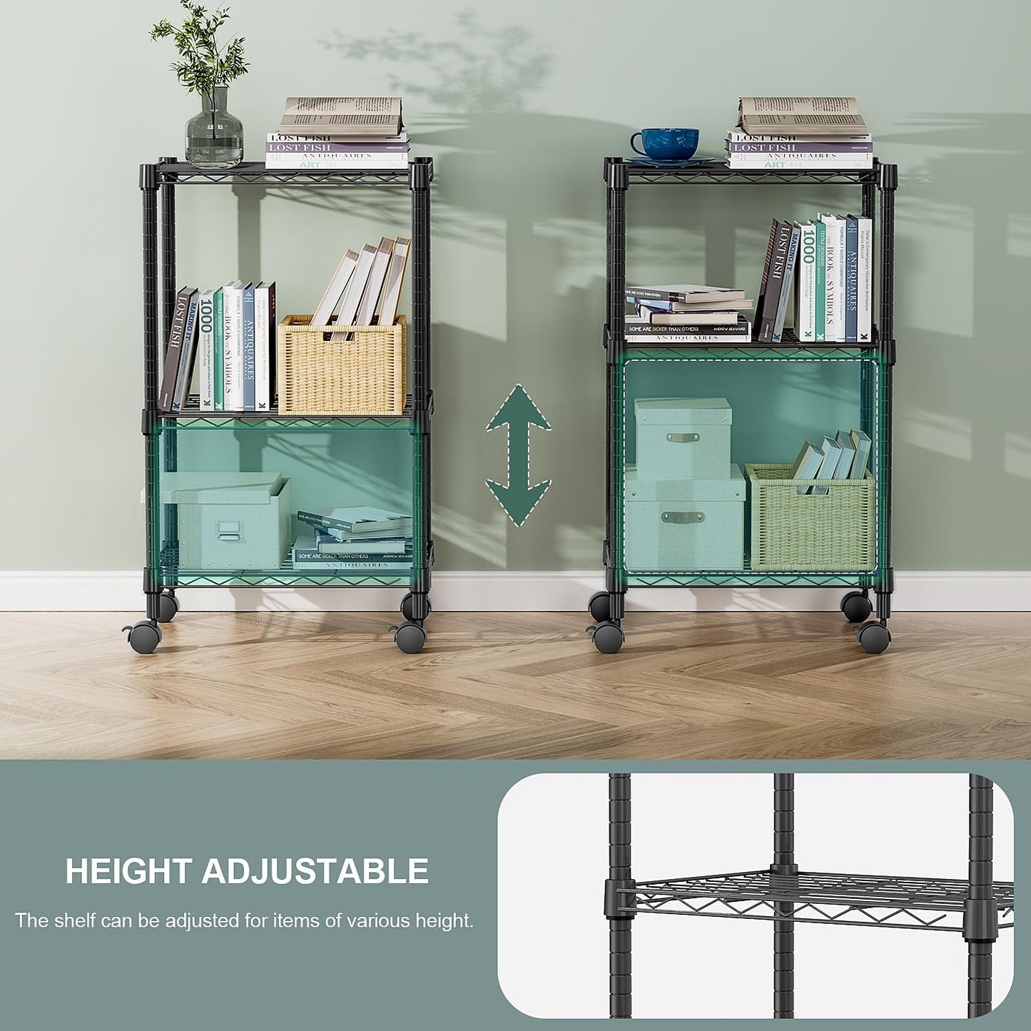 3 Tier Shelf Metal Storage Shelves Wire Rack Closet Organizers with Wheel for Garage Kitchen Bathroom Laundry Black 11.8" D x 17.7" W x 29.8" H