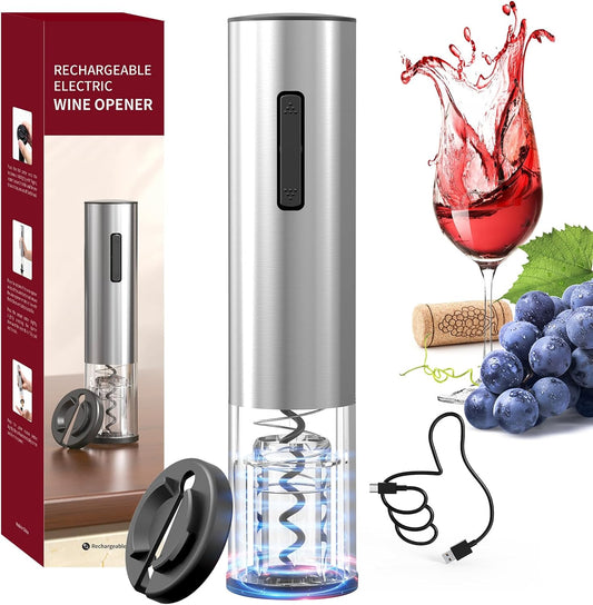 CIRCLE JOY Electric Wine Opener Rechargeable Stainless Steel Automatic Corkscrew Wine Bottle Opener with Foil Cutter, Blue Led Indicator and One-Click Button, Silver