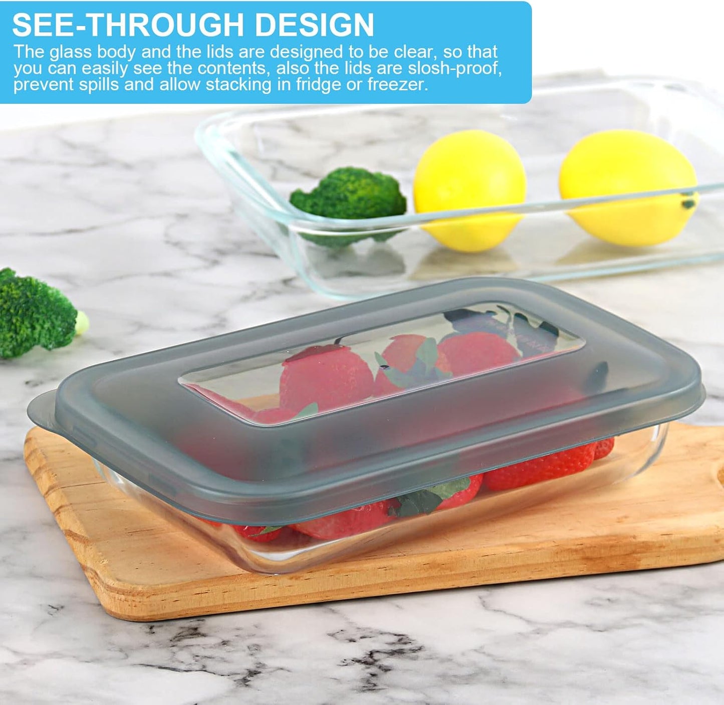 KOMUEE 8 Pieces Glass Baking Dish with Lids Rectangular Glass Baking Pan Bakeware Set with Lids, Baking Pans for Lasagna, Leftovers, Cooking, Kitchen, Fridge-to-Oven, Gray