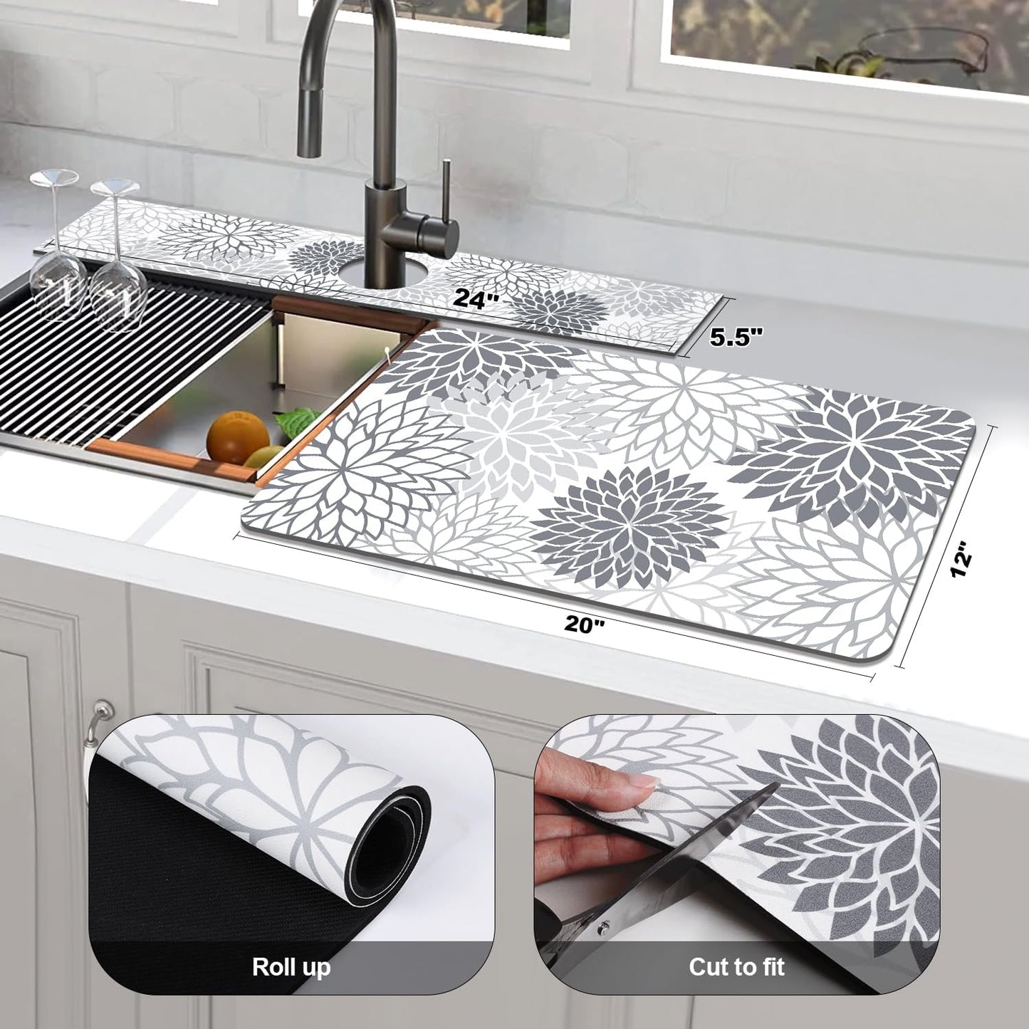 Findosom 2PCS 12" x 20" Dish Drying Mat & 24" x 5.5" Sink Splash Guard, Super Absorbent & Cuttable Dish Mat Drying Kitchen Mat with Gray Floral, Hide Stain Drying Mat for Kitchen Counter