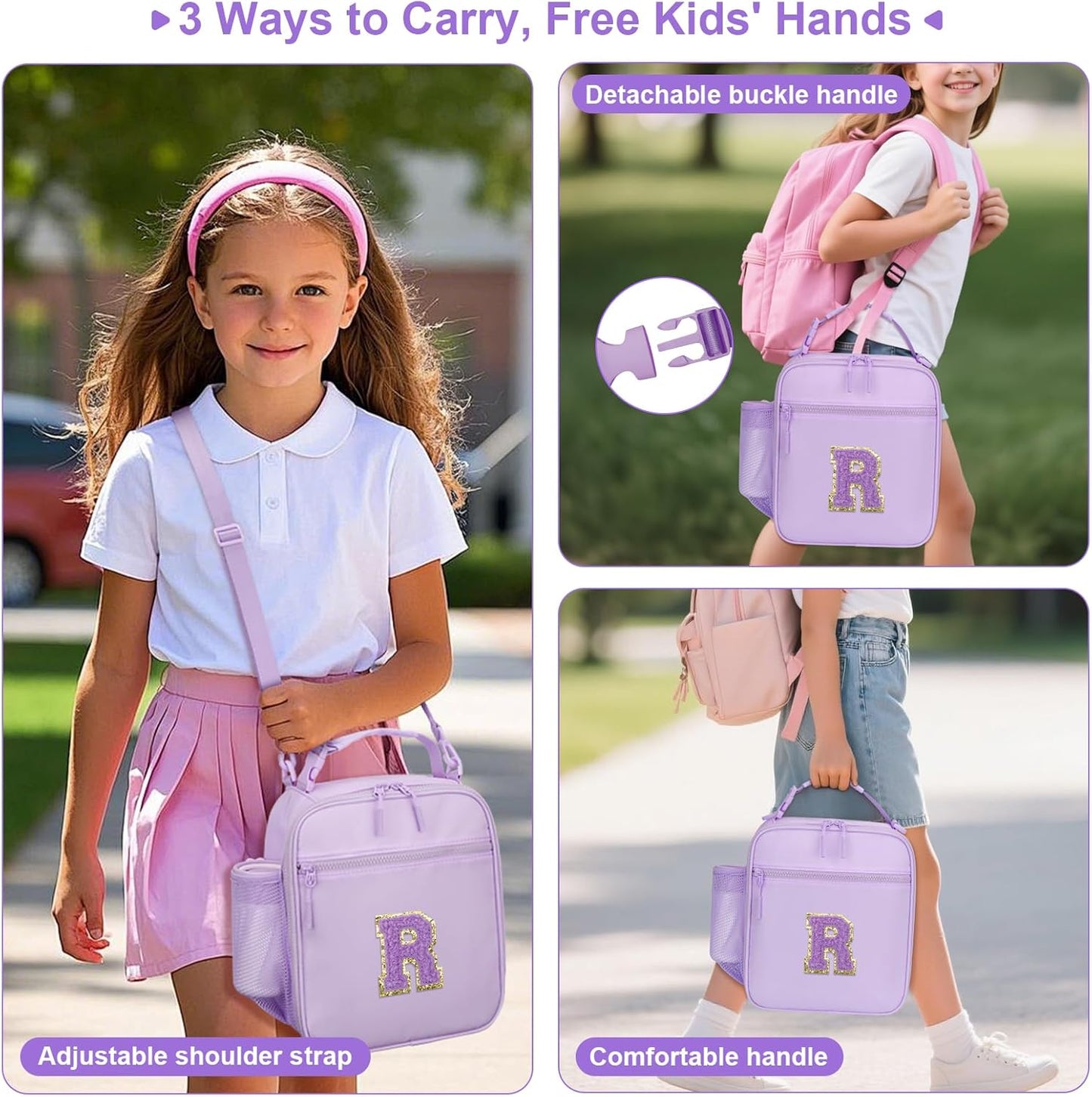 Initial Insulated Lunch Bag for Girls Kids, Back to School Gift, Reusable Leak-proof Lunch Box with Adjustable Strap for School Daycare Travel Picnic (Purple,R)