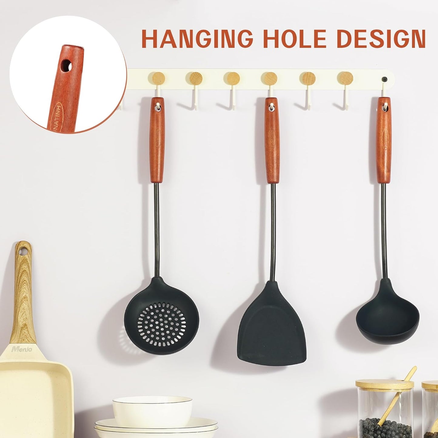 FJNATINH Wok Tools, Wok Utensil,Wok Spatula,Ladle,Skimmer Tool Set,Non Stick Heat-Resistant Silicone Cooking Utensils BPA Free Kitchen Utensils Cookware, Pack of 3,Black