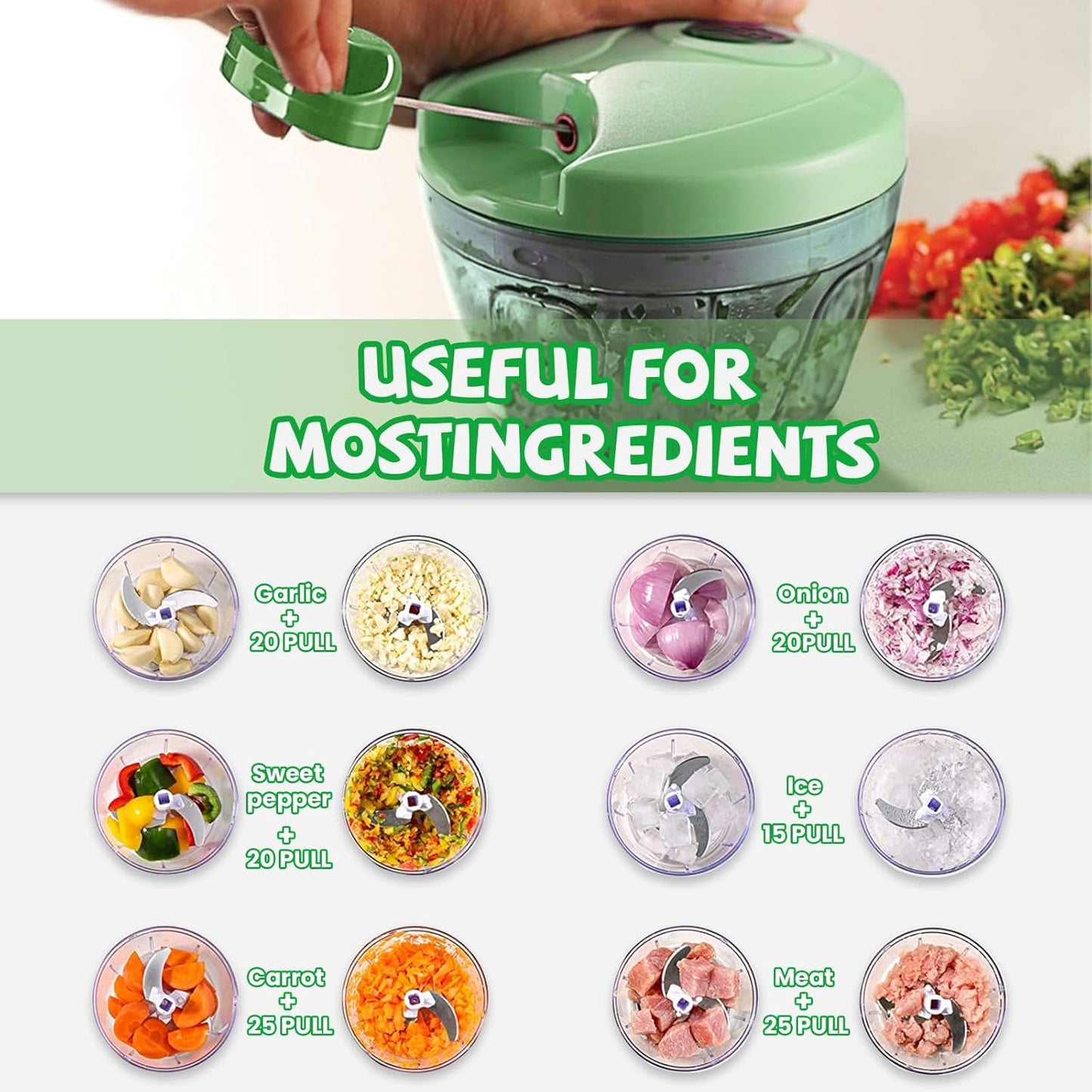 Manual Food Chopper: FILTA Hand Pull String Vegetable Chopper for Onion, Garlic, Pepper, Nuts, Tomato, etc.,3Cup.