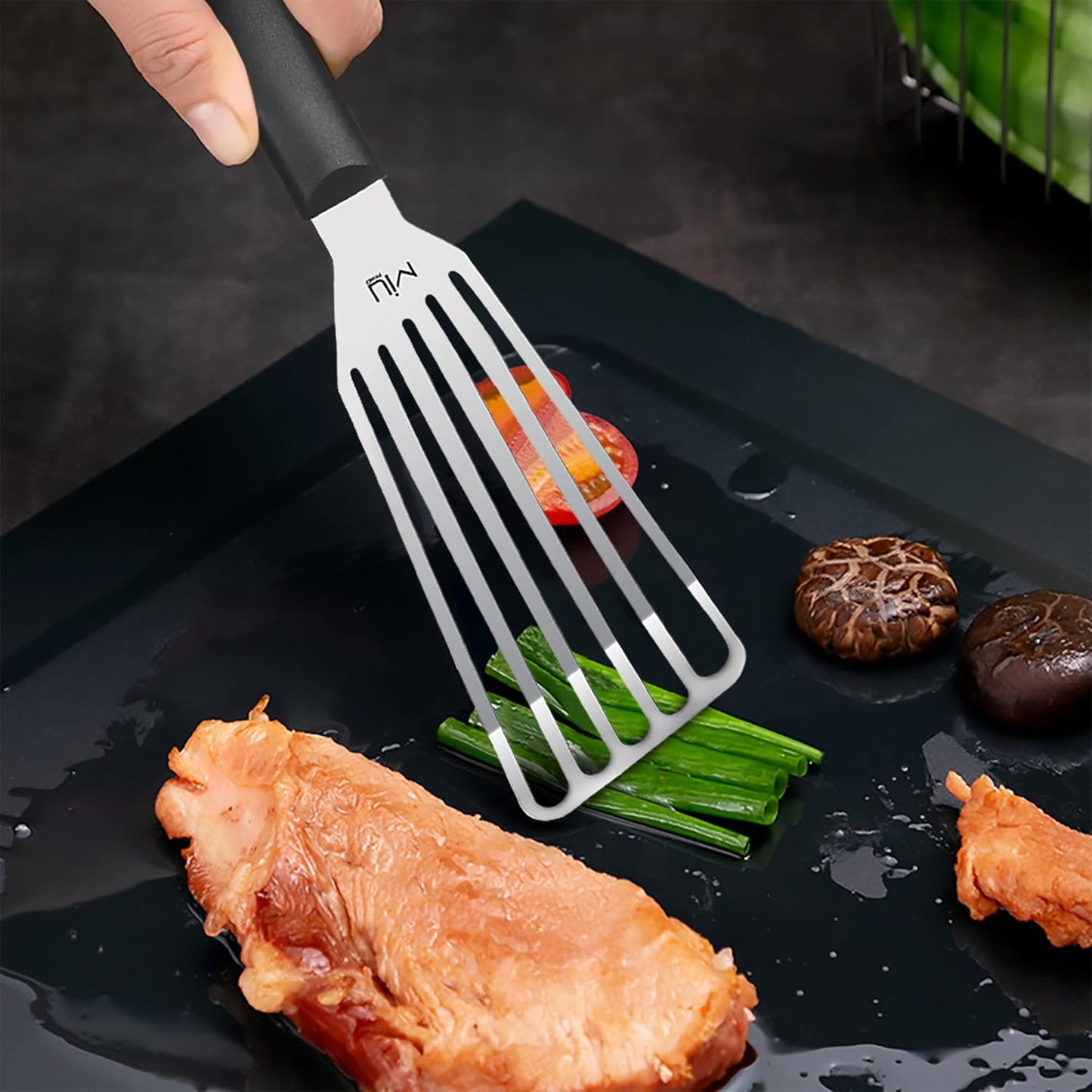 MIU Fish Spatula Stainless Steel, Slotted Flexible Metal, Lightweight Barbecue Turner, 6.5 inch Blade, Plastic Handle with Hole, Grilling Utensils