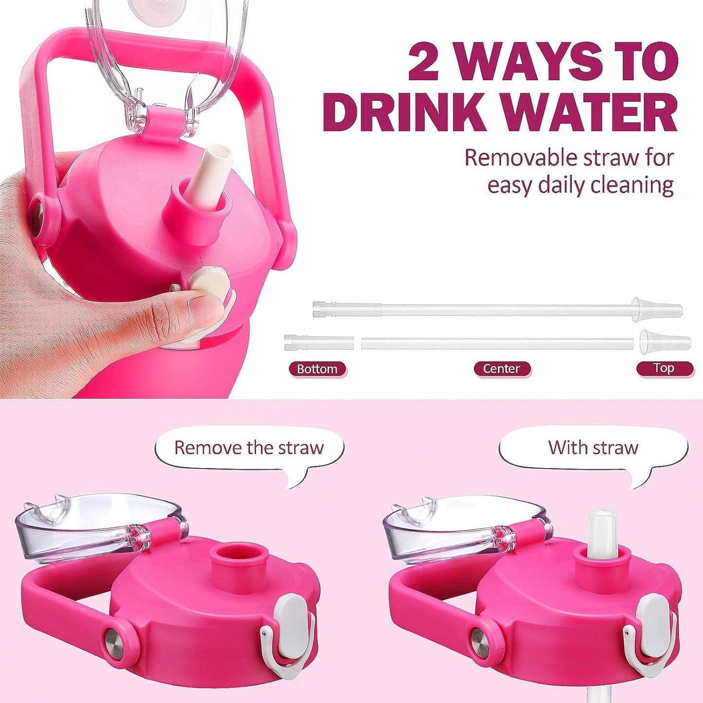 kytffu 42oz Glass Water Bottles with Straw, Motivational Glass Bottle with Silicone Sleeve and Time Marker, Leakproof Large Glass Water Jug for Gym Home Office,Rose red