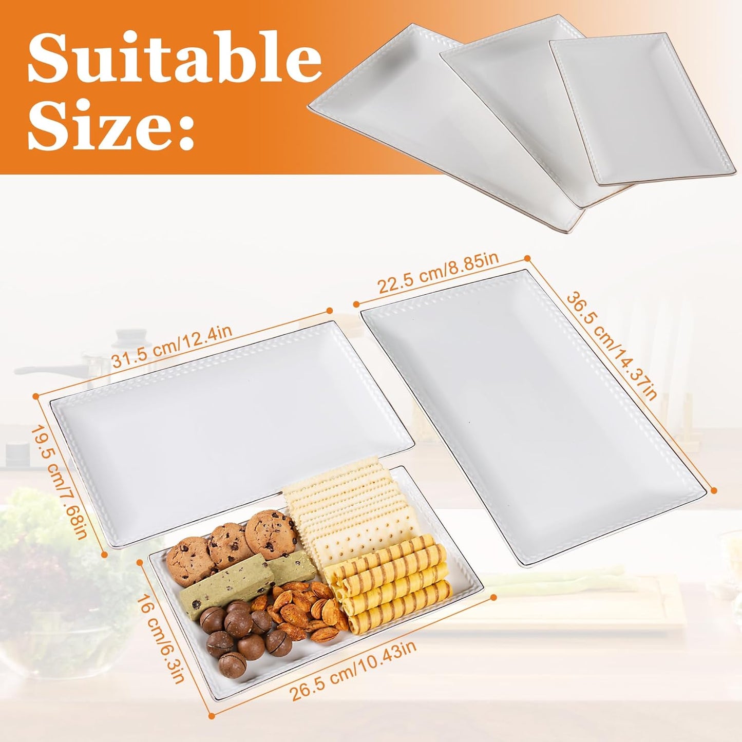 Kassel Ceramic Serving Platter Set | 14”/12” /10” Rectangular Serving Trays for Entertaining at Parties and Weddings | Oven Safe Large Serving Trays for Tacos, Steak, and Cake