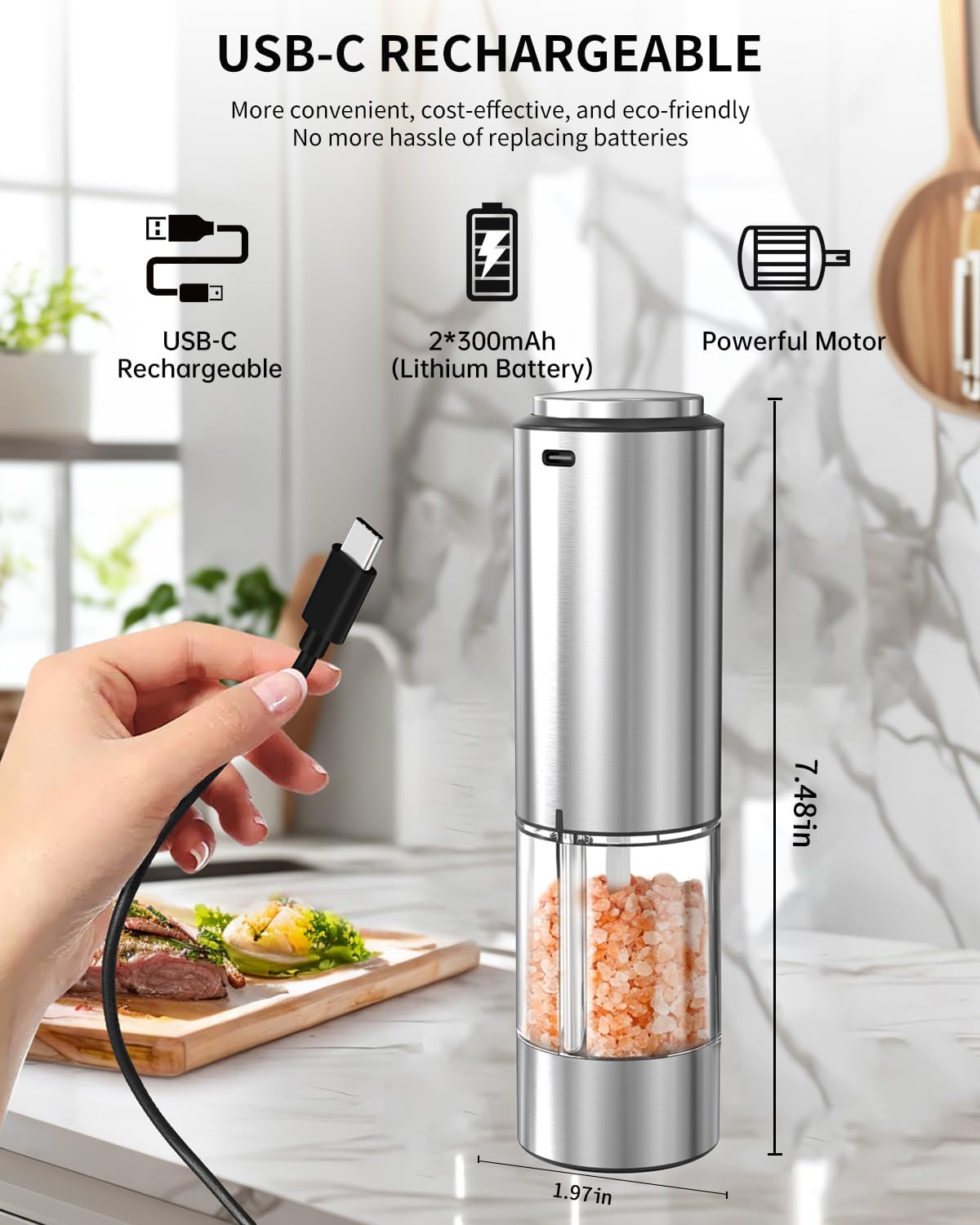 CIRCLE JOY Electric Pepper Grinder Stainless Steel Rechargeable Pepper Mill with External Adjustable Coarseness, 95ml Container and White LED Light, Silver