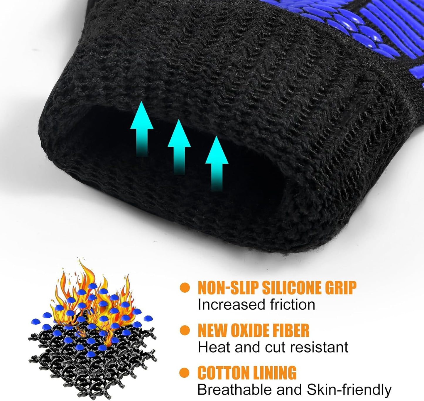 BBQ Gloves, Oven Gloves, Extreme Heat Resistant Barbecue Gloves, Silicone Non-Slip Oven Mitts, Kitchen Gloves for Cooking, Grilling, and Baking (Blue)