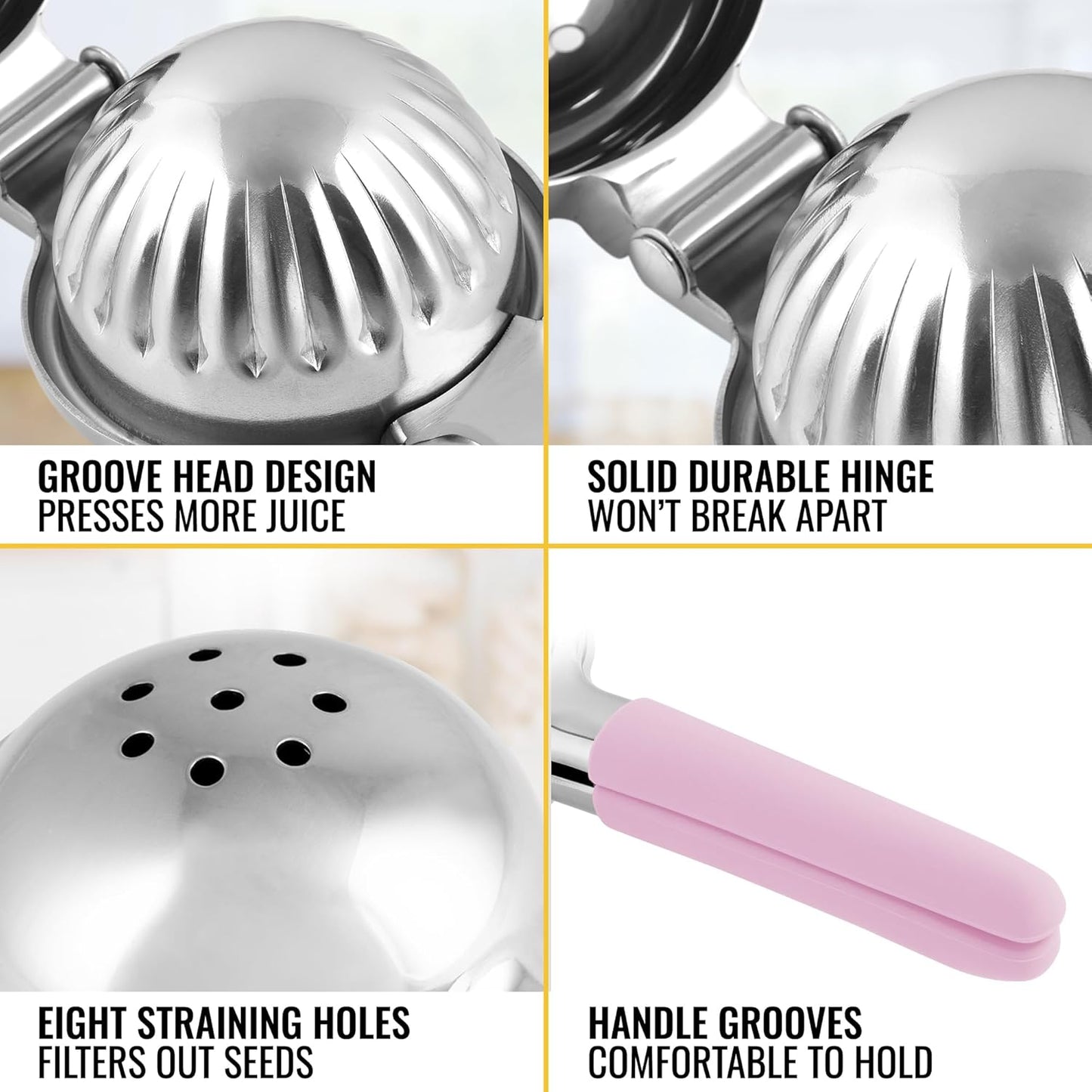 Zulay Lemon Squeezer Stainless Steel with Premium Heavy Duty Solid Metal Squeezer Bowl and Food Grade Silicone Handles - Large Manual Citrus Press Juicer and Lime Squeezer Stainless Steel (Pink)
