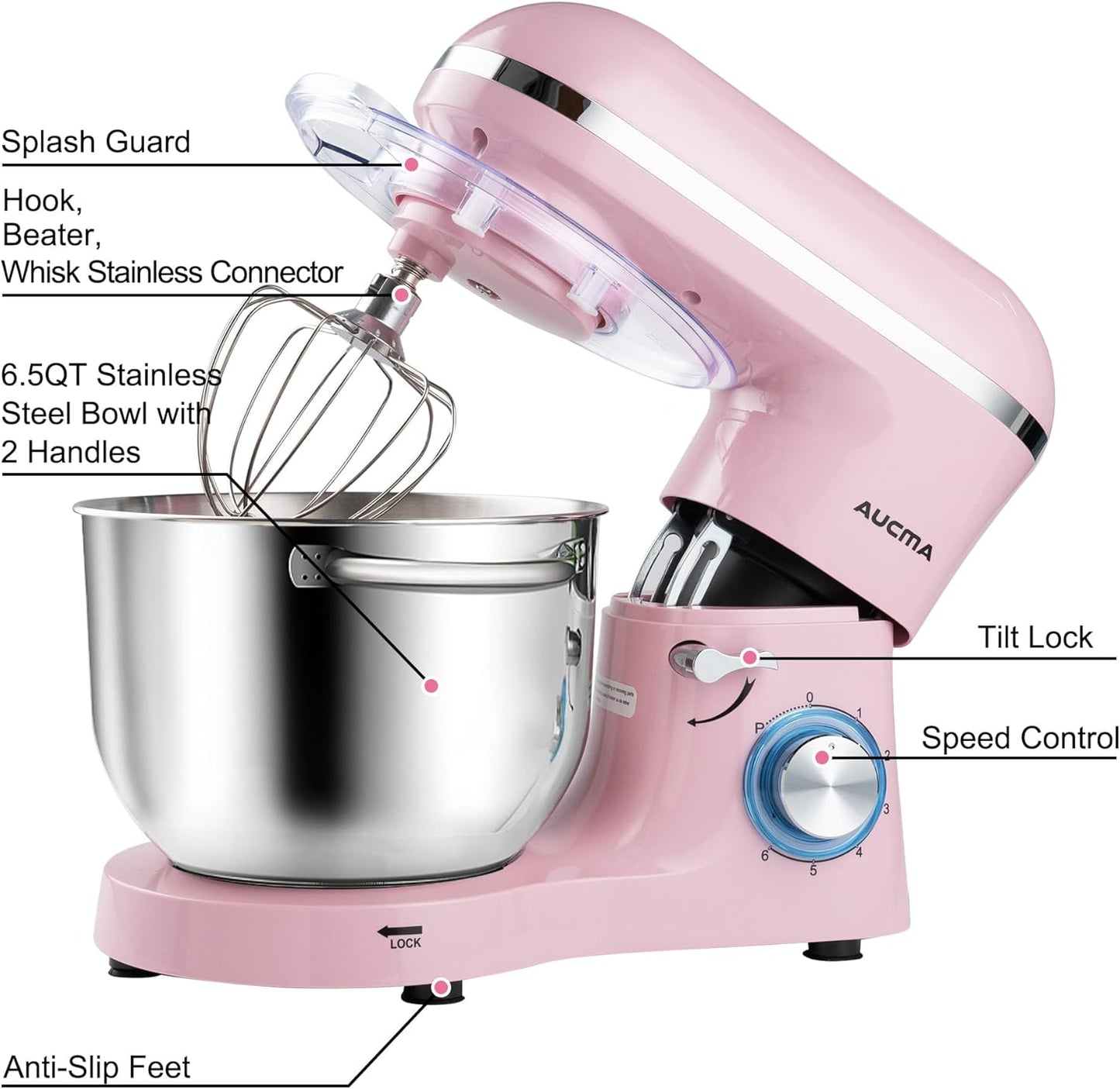 Aucma Stand Mixer,6.5-QT 660W 6-Speed Tilt-Head Food Mixer, Kitchen Electric Mixer with Dough Hook, Wire Whip & Beater (6.5QT, Pink)