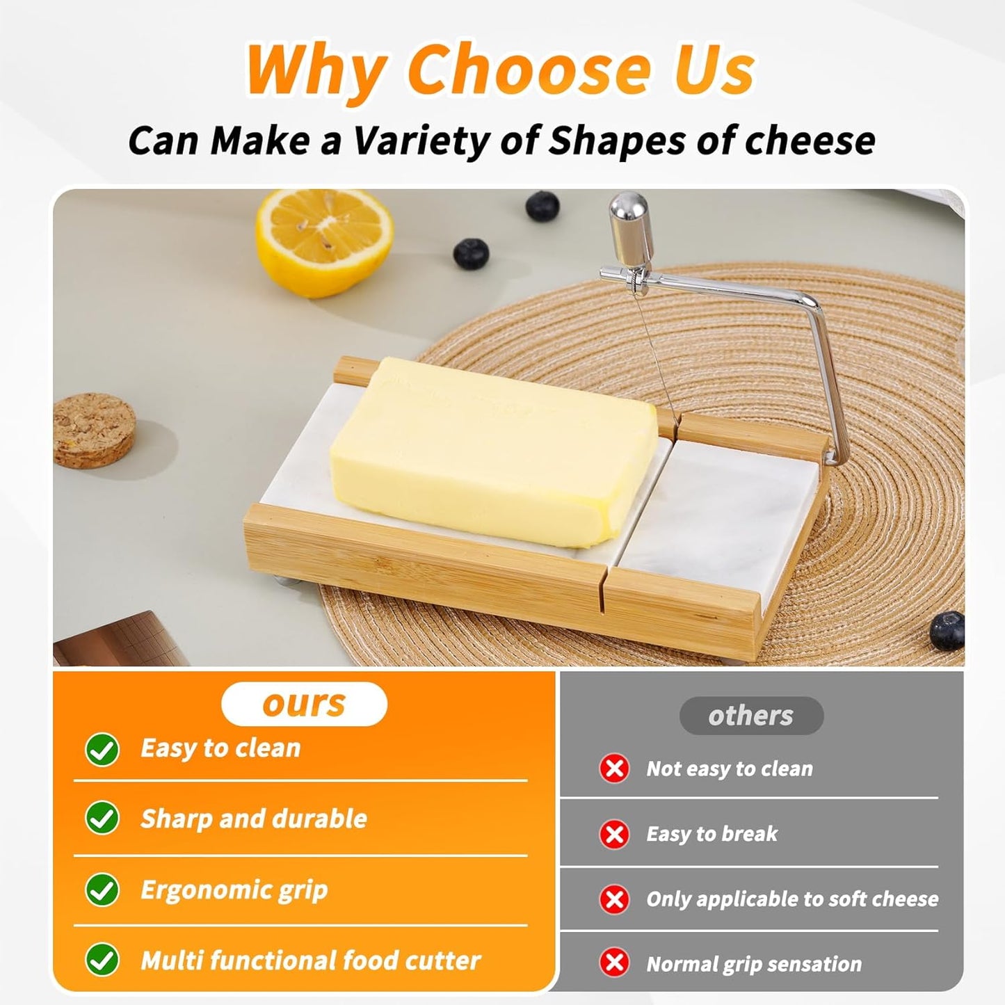 Tianman Cheese Slicer Cheese Cutter with 4 Replacement Cutting Wire,Heavy Duty 8.27"x 4.4",Marble Board Cheese Slicer for Block Cheeses, Butter,Cakes and More(White Grey)