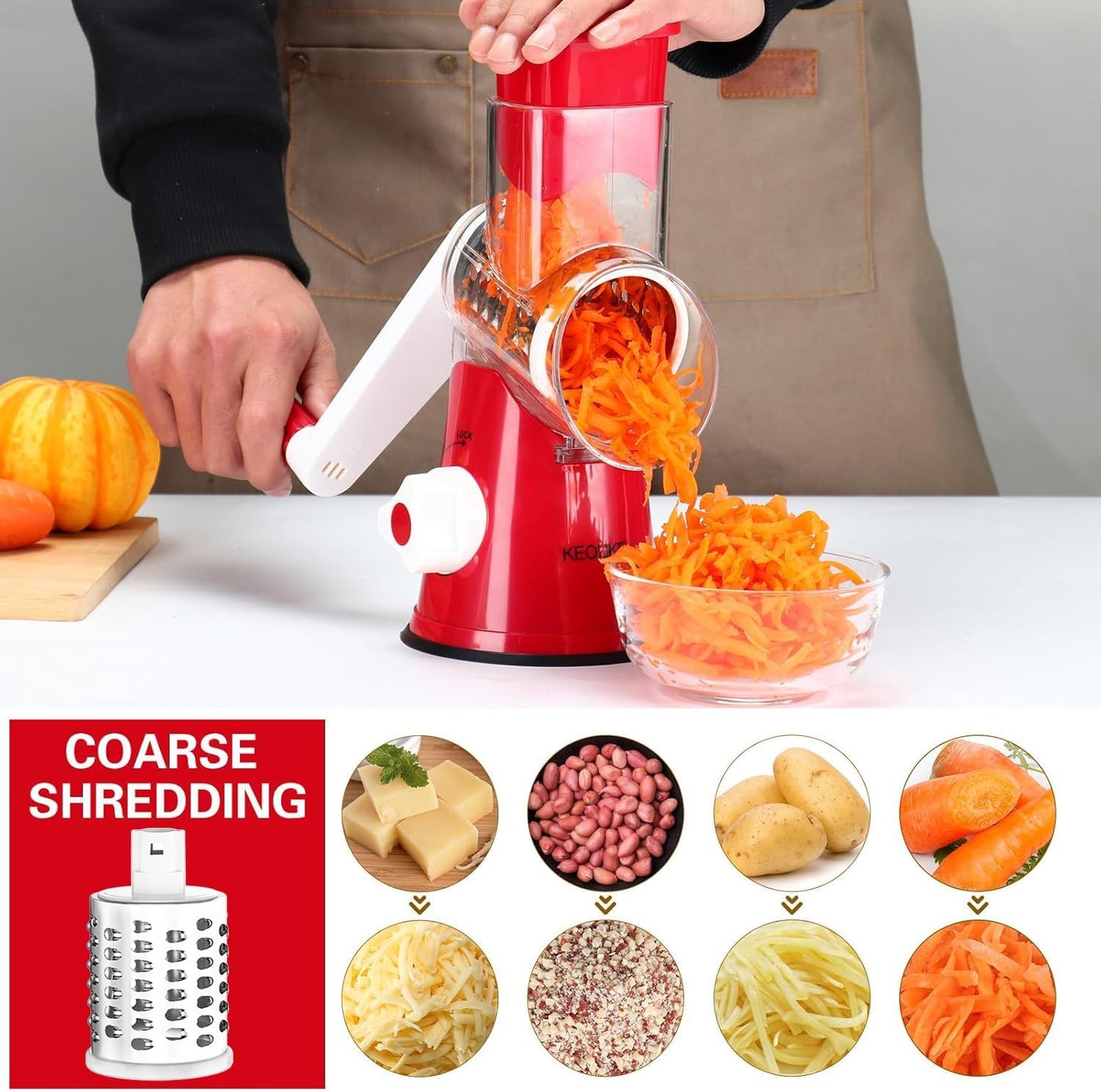 Cambom Rotary Cheese Grater Hand Crank Cheese Shredder for Fresh Cheese, Vegetable, Nuts,Non-slip Suction Base, Free Cleaning Brush Three Blades, Red
