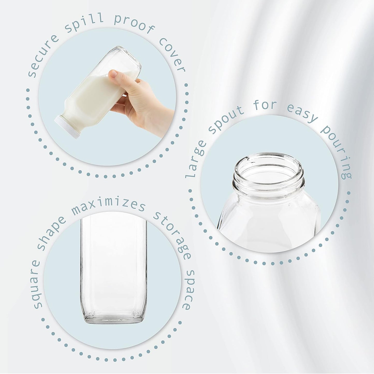 kitchentoolz 16oz Square Glass Milk Bottles with Airtight Plastic Lids – Pack of 4 | Reusable Milk Containers for Fridge & Lunchbox Storage – Ideal for Dairy, Smoothies, Juice, Water & More