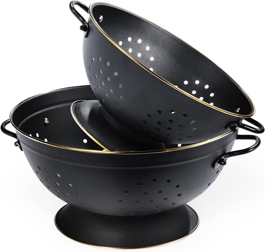 Metal Colander Set of 2, Strainer Basket with Handles perfect for Spaghetti, Pasta, Berry, Vegetable, Fruit, Solid Base Powder Coated Self-draining Kitchen Colander Bowel, 3.5 & 5 Qt, Matte Black