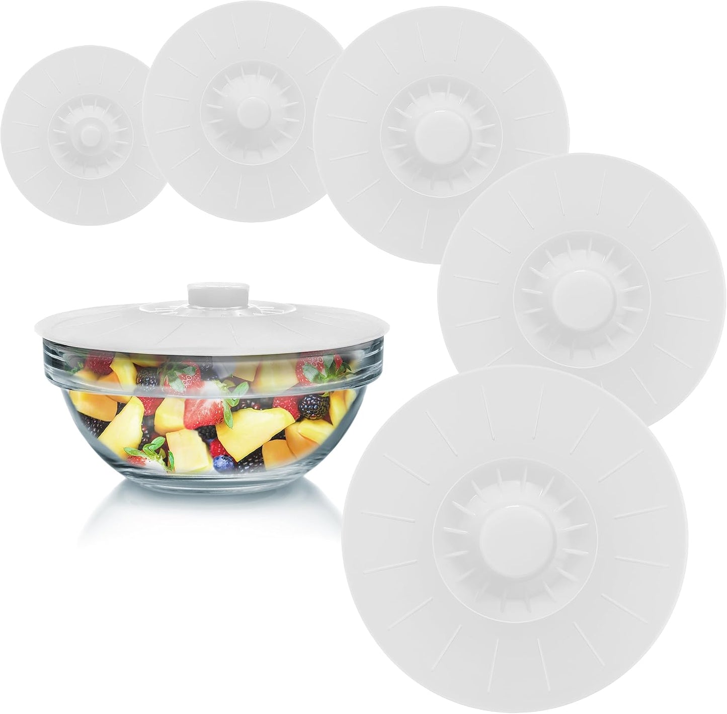 Silicone Bowl Lids White, Set of 5 Reusable Suction Seal Covers for Bowls, Pots, Cups. Food Safe. Natural grip, interlocking handles for easy use and storage.