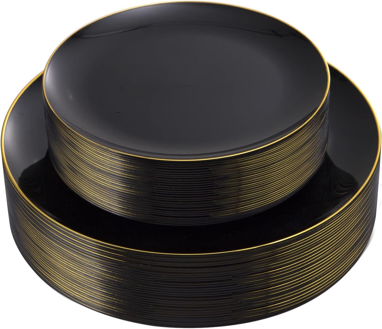 KIRE 60PCS Black Plastic Plates - Black Disposable Plates with Gold Rim for Party/Graduation - Include 30Pcs 10.25inch for Dinner and 30Pcs 7.5inch for Dessert