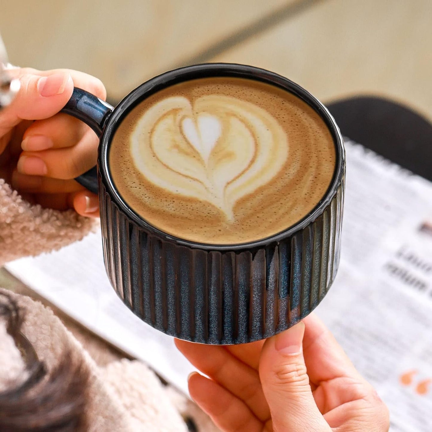 Hasense Coffee Mug Ceramic Set of 2 with Stand - 15 oz Stackable Coffee Cups for Wedding & Housewarming Gifts - Microwave Dishwasher Safe, Navy Blue