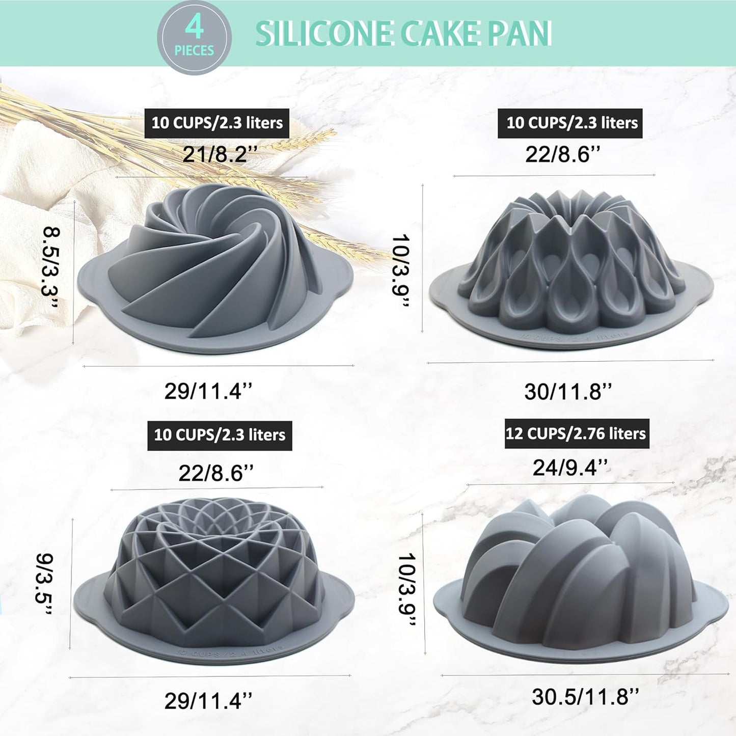 Tongjude 4 Pieces Silicone Fluted Cake Pans, 10/12 Cups Tube Baking Pan, Silicone Molds for Homemade Cake, Bread and Jello, Non-Stick, Grey