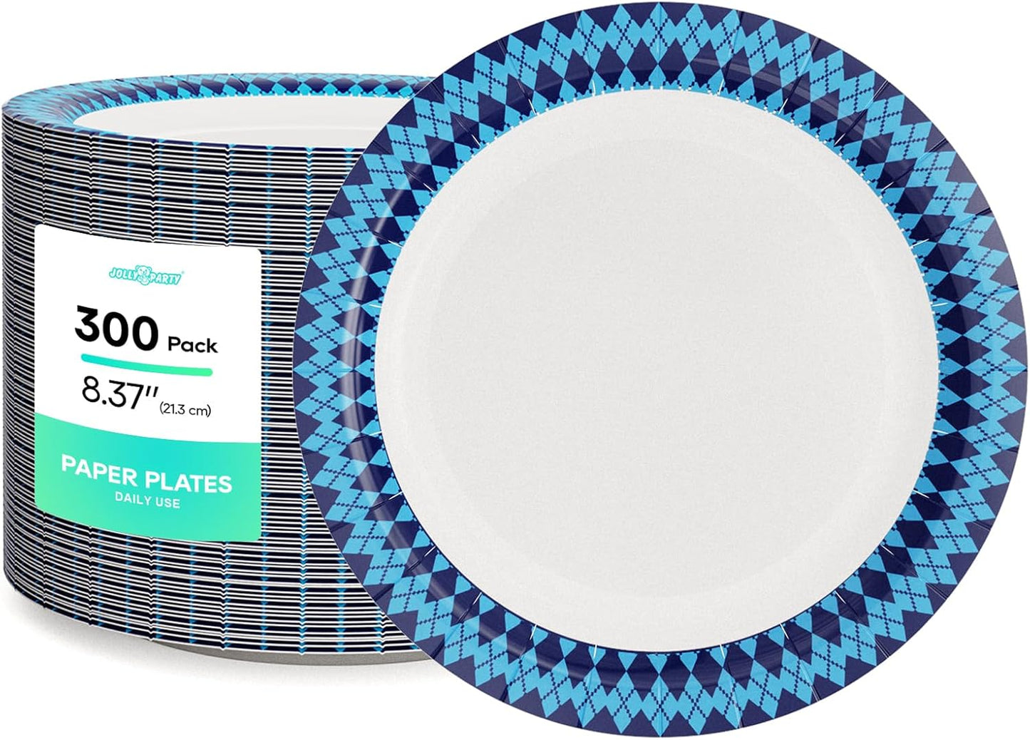 JOLLY PARTY 8.37 inch Disposable Paper Plates, 300 Count Dinner Plates, Soak Proof, Cut Proof for Everyday Use, Navy Diamond Pattern Rim Design