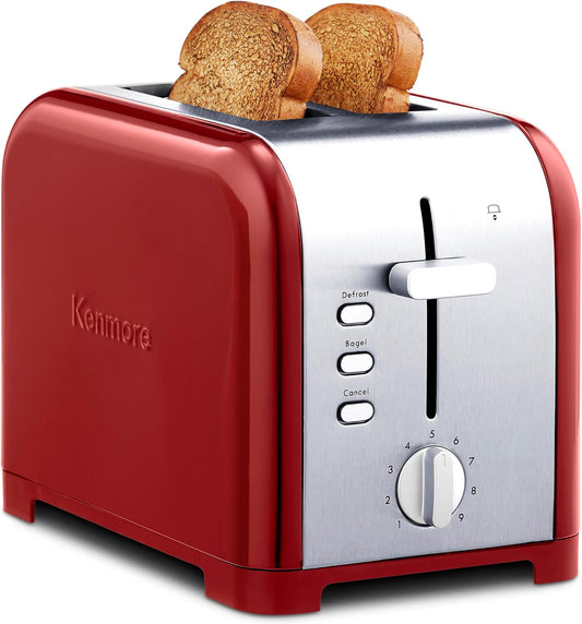 Koolatron Kenmore 2-Slice Toaster, Stainless Steel, Red and Silver, with Extra Wide Slots, Self-Adjusting Bread Guides, Defrost, Bagel and Removable Crumb Tray, Small (KKTS2SR AZ)