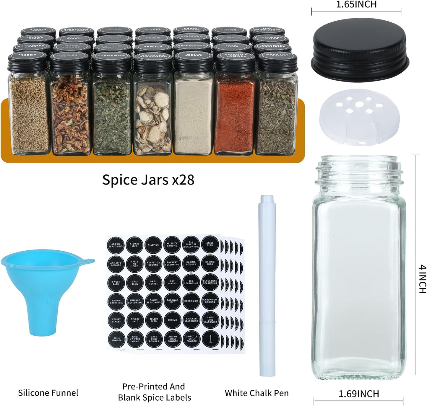Spice Rack Organizer with 28 Spice Jars, Black Lids，Spice Labels, Chalk pen and Funnel Set for Cabinet, Countertop, Pantry, Cupboard or Wall Mount