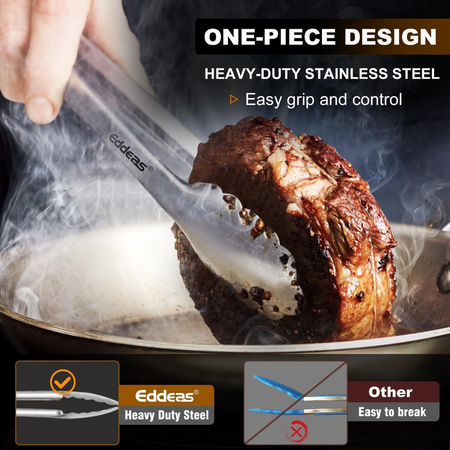 Tongs For Cooking - Heat Resistant 600 Degrees Metal Kitchen Tongs, Heavy Duty Stainless Steel Tongs - Perfect for Food, BBQ Set of 4, 7-9-12 &14 inch Grey