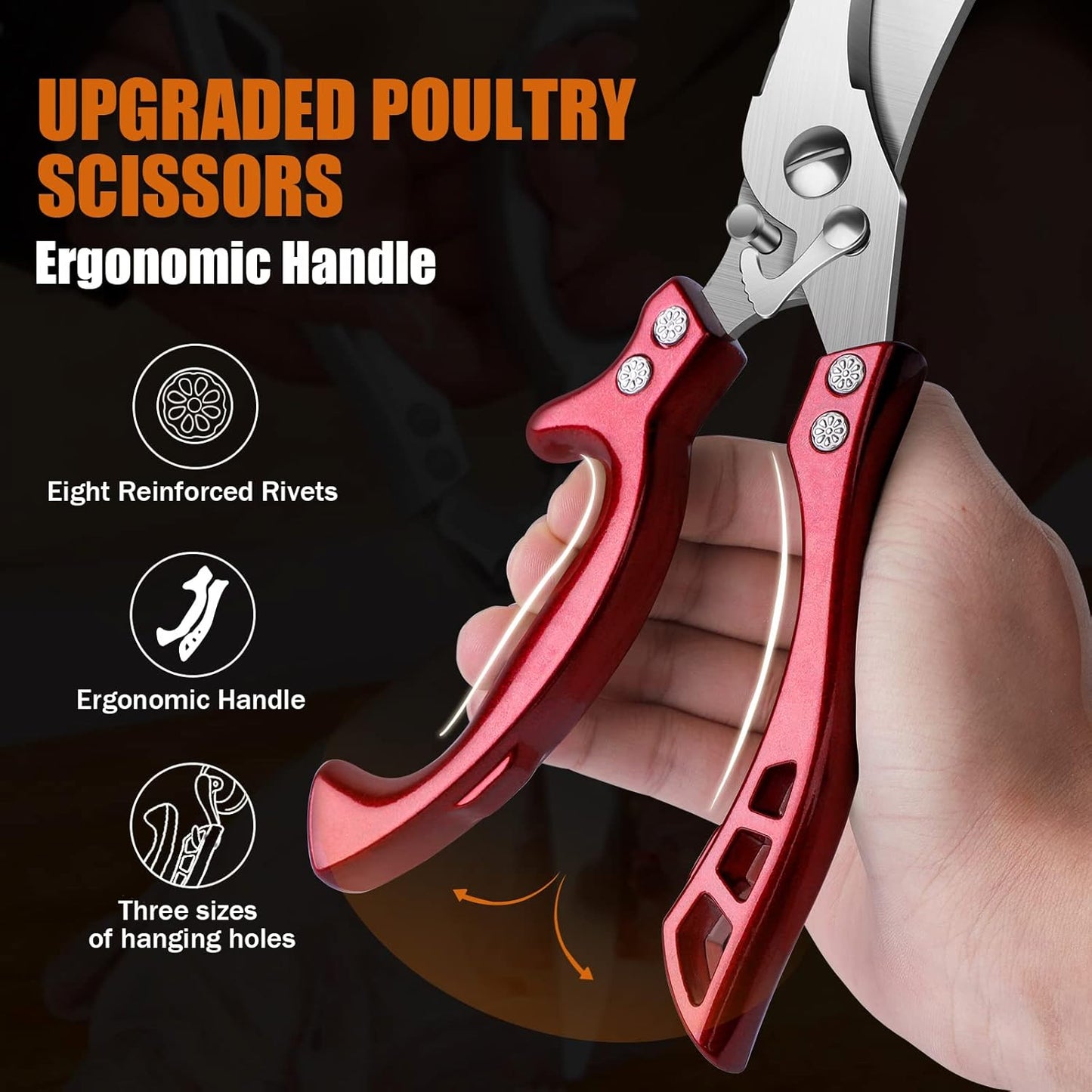 Poultry Shears, Red Heavy Duty Kitchen Shears with Serrated Edge, No Rust Spring Loaded, Multipurpose Stainless Steel Kitchen Scissors for Chicken Meat, Turkey, Fish