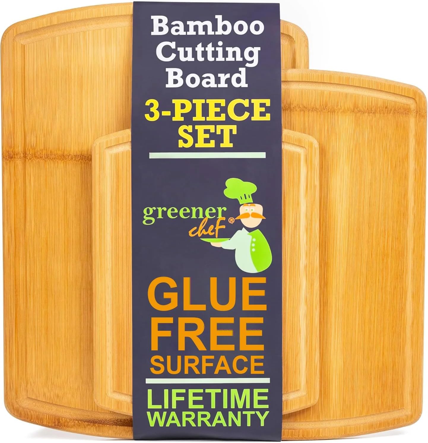 FSC® Certified Extra Large Bamboo Cutting Board Set of 3 – Featuring Glue-Free Surface™ Non Toxic Wood Cutting Boards for Safer Family Cooking and Lifetime Replacements for Peace of Mind